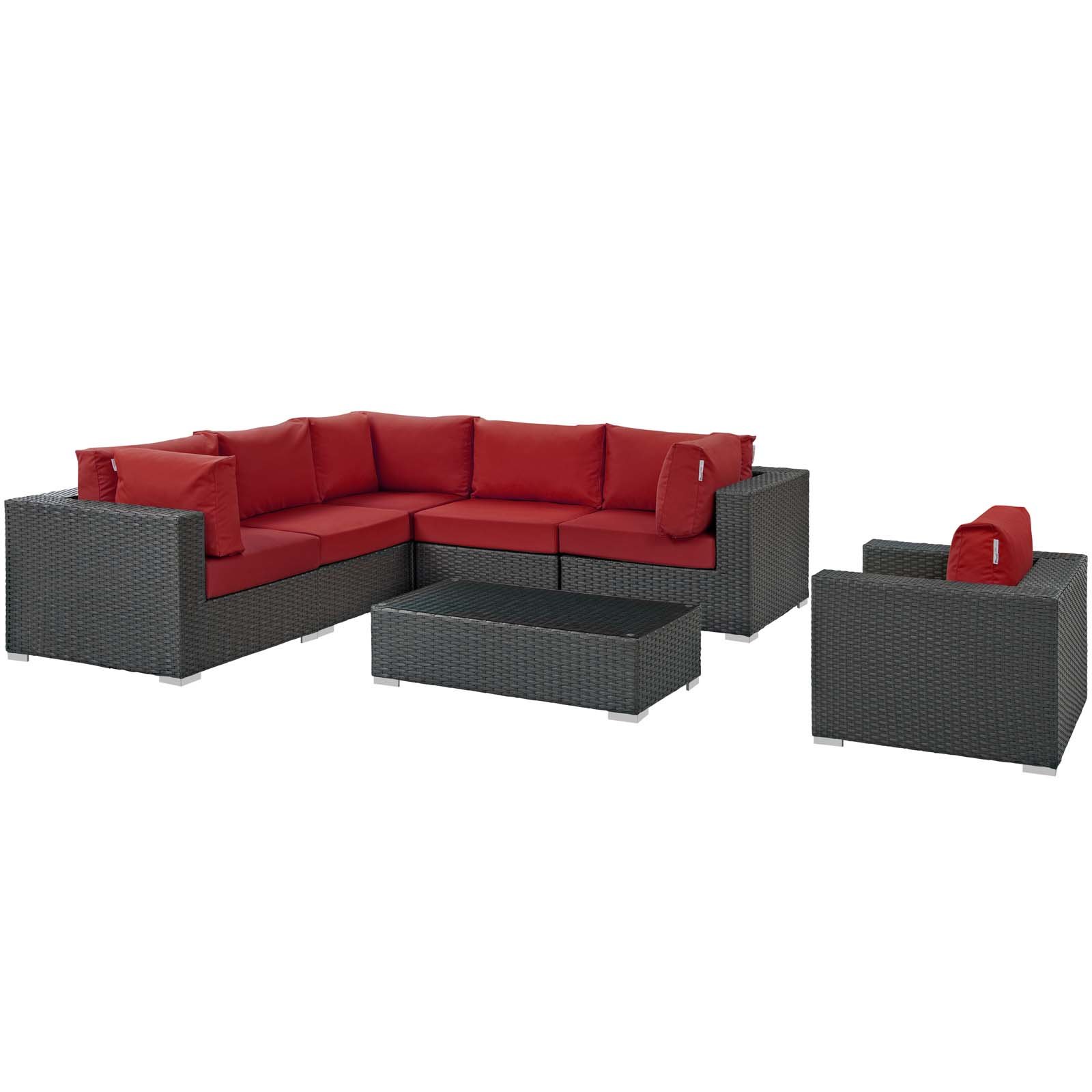 Modway Sojourn 7-Piece Wicker Rattan Outdoor Patio Sectional Set with Sunbrella Cushions in Canvas Red - Perfect for Backyard, Poolside & Garden Relaxation