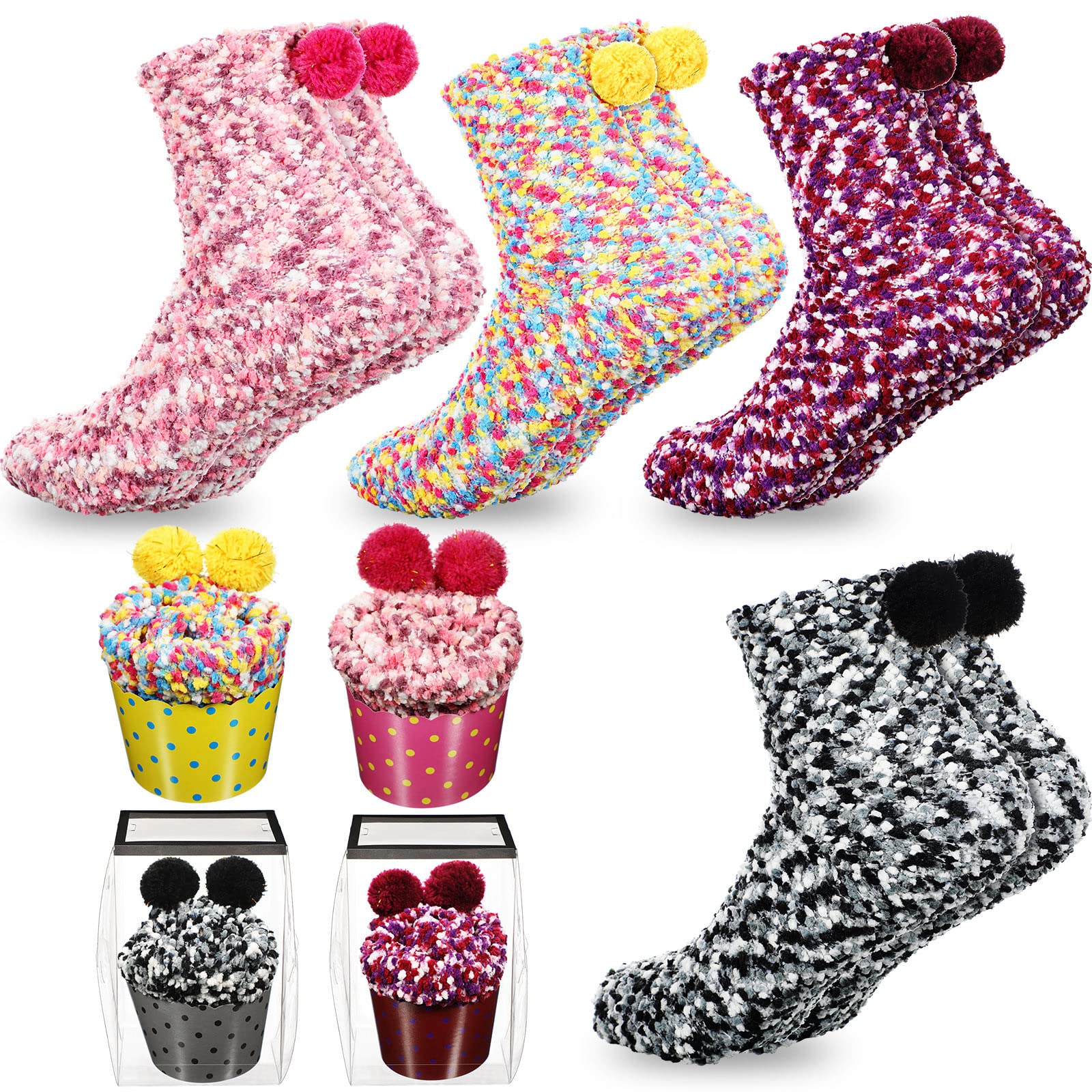 Valentine's Day Cupcake Socks - 4 Pairs Fuzzy Warm Socks for Women & Men - Perfect DIY Gift for Winter