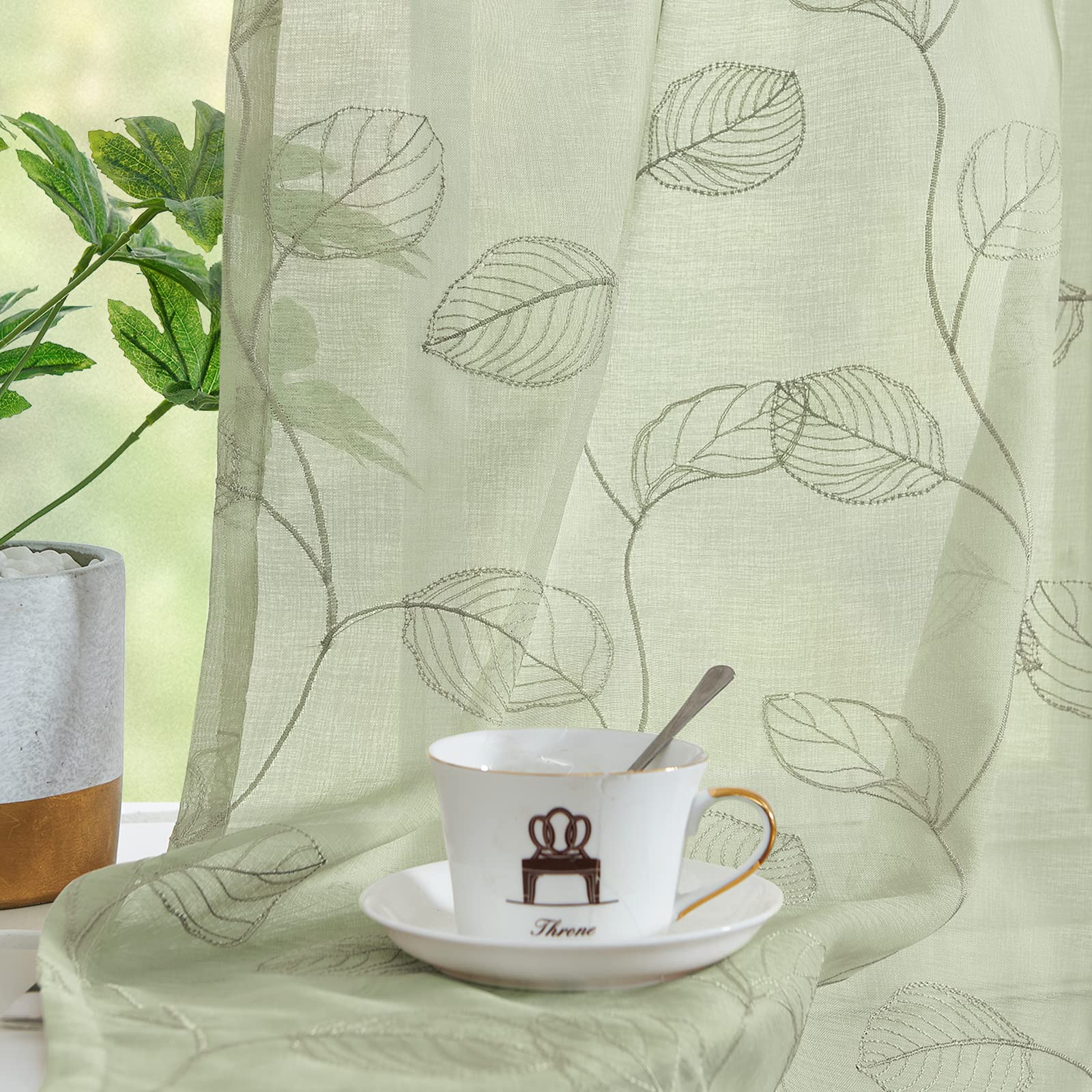 Sage Green Sheer Kitchen Curtains - Leaf Embroidered Voile Tiered Window Panels for RV, Camper, Farmhouse, Bathroom & Basement (36 Inch, Rod Pocket, 2 Panels) | Perfect for Small Windows, Cafe Style & Semi-Privacy Decor