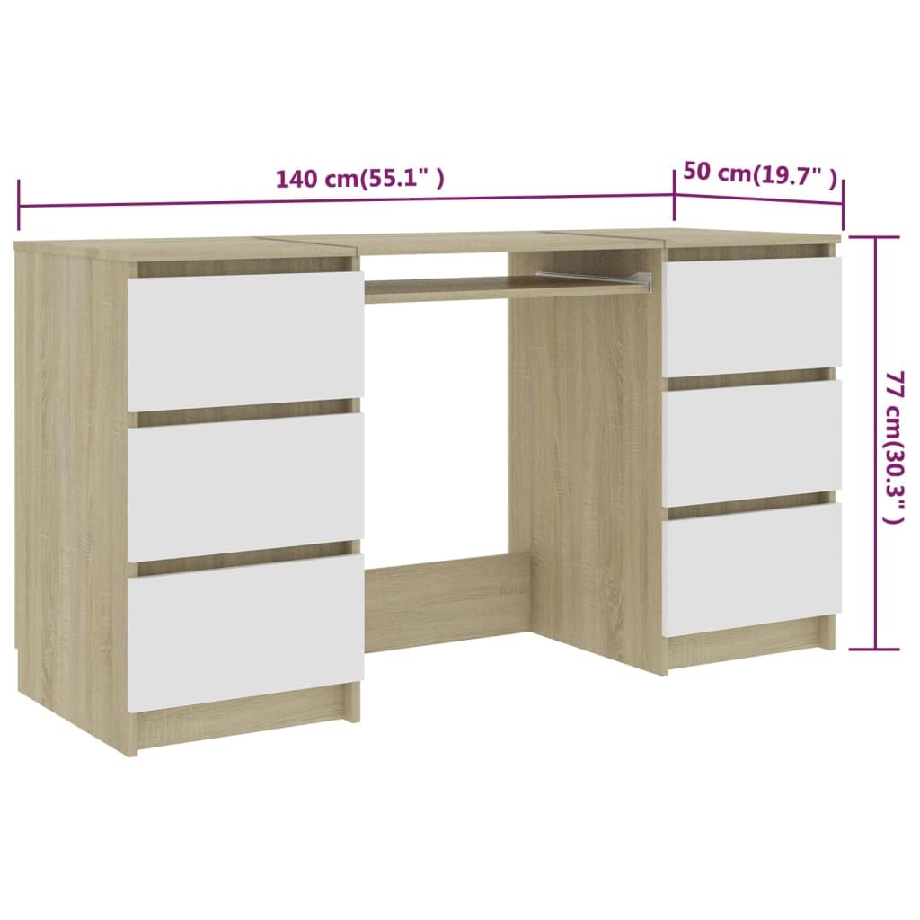 vidaXL Engineered Wood Writing Desk - White & Sonoma Oak Finish - Compact Space-Saving Design with 6 Drawers - Perfect for Home Office, Dorm Room, Study or Small Spaces - Ideal for Remote Work, Online Classes & Crafting Projects