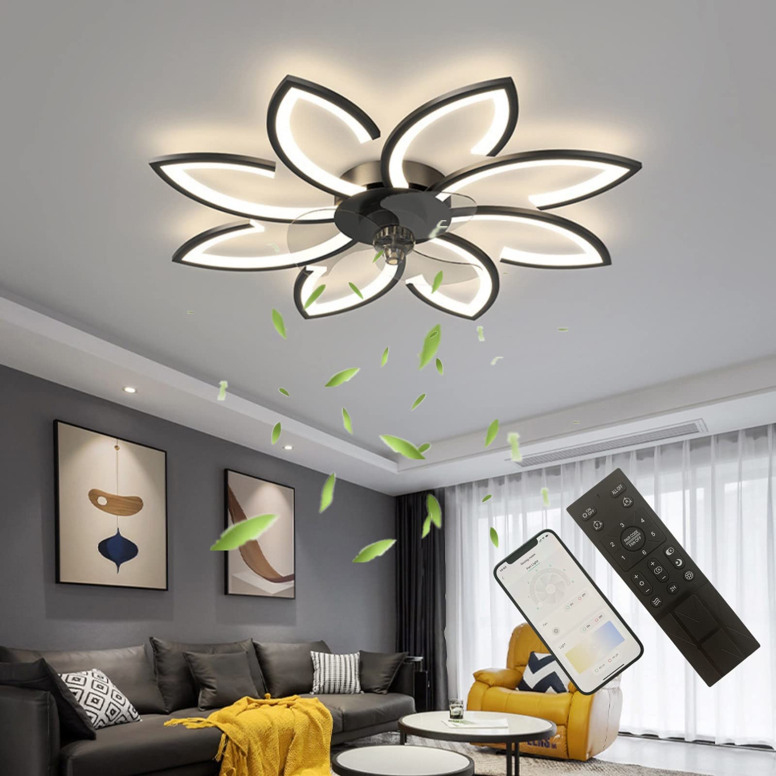 ASDMD 35'' Low Profile Flush Mount Bladeless Ceiling Fan with Dimmable LED Light & Remote/APP Control - 6 Speed Wind Timer, 88W Modern Ceiling Fan for Bedroom, Living Room, Office (Large, Black) - Perfect for Small Spaces & Energy-Efficient Home Cooling