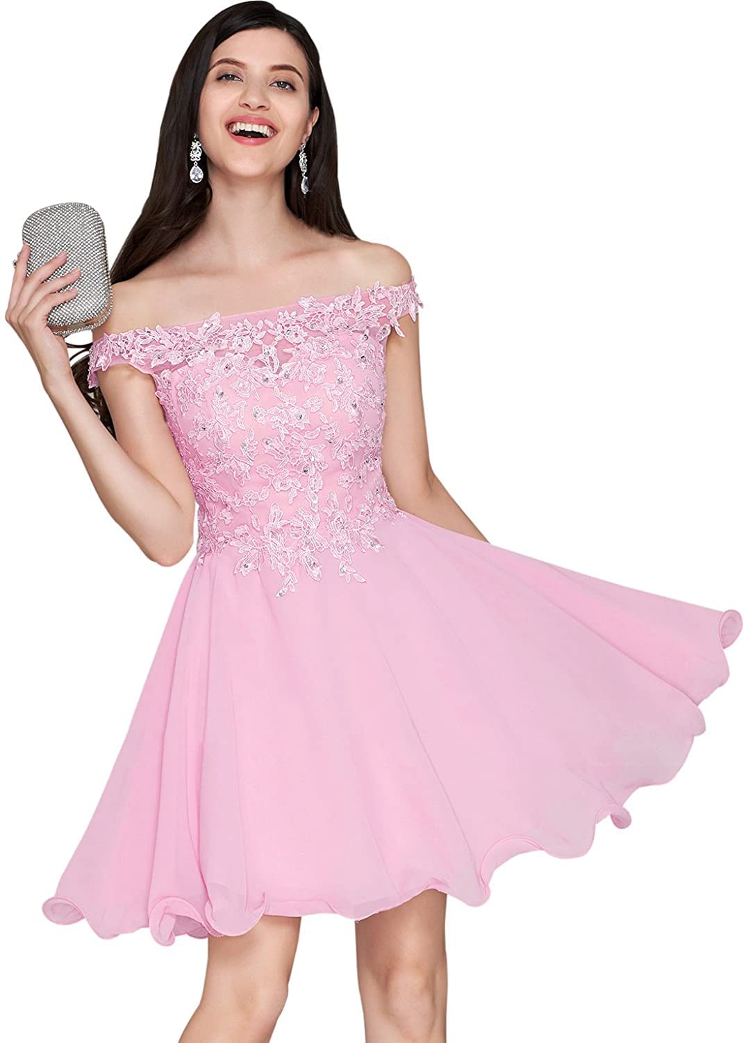 Elegant Off Shoulder Chiffon Lace Short Dress for Women - Perfect for Homecoming, Prom, Party, and Special Occasions