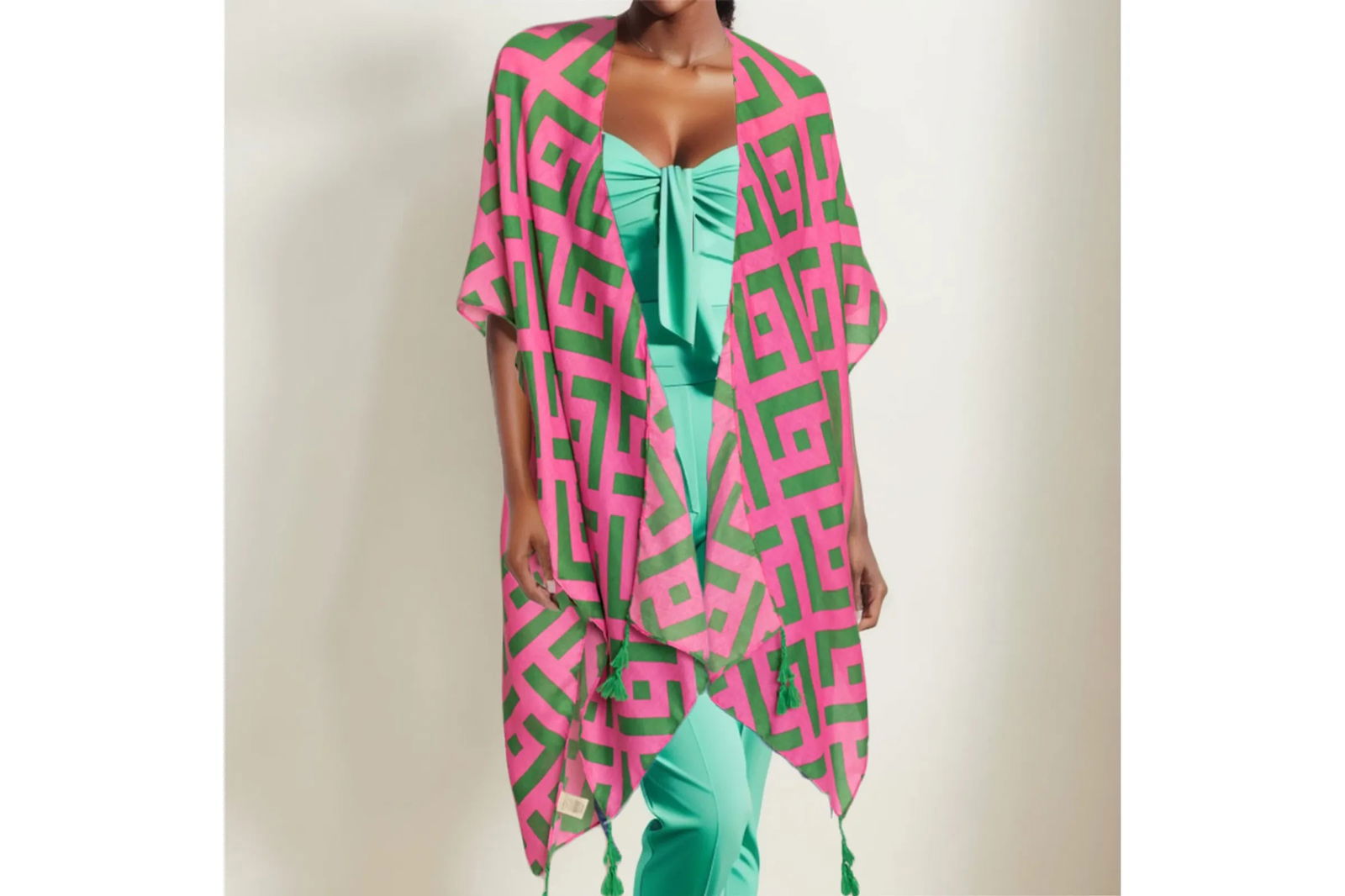 Women's Kimono Lux Geo Print Green and Pink Poncho - Stylish Boho Cover-Up for Beach, Festival & Lounge Wear
