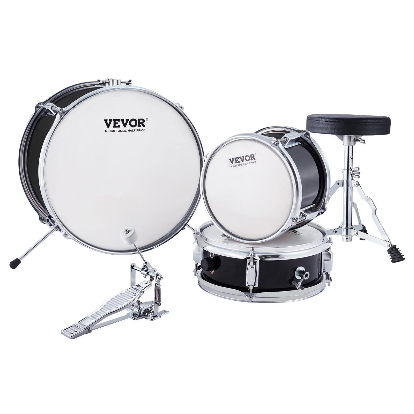 VEVOR Kids Drum Set 3-Piece Junior Beginner Drum Kit with Adjustable Throne, Sticks, Cymbal & Pedal - 14 Inch Black Tom Snare Bass Starter Drum Set for Children | Perfect for Home Practice, Music Lessons & Birthday Gifts