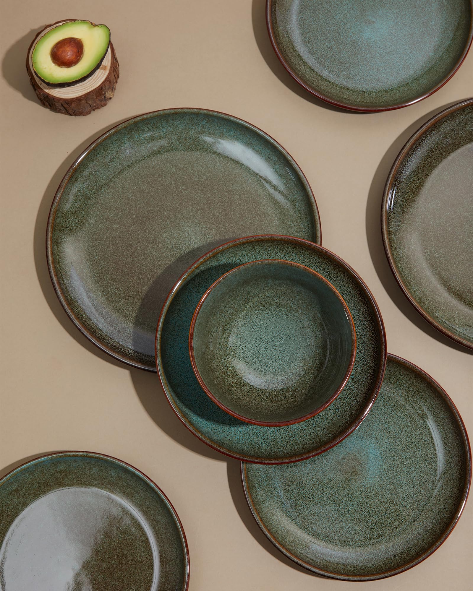 8.75 Inch Large Ceramic Pasta Bowls Set of 4 - 32 Oz Stoneware Serving Bowls with Reactive Glaze for Pasta, Salad, Soup & Fruit - Scratch Resistant Kitchenware in Brown & Green - Perfect for Family Dinners, Entertaining Guests & Restaurant Style Dining