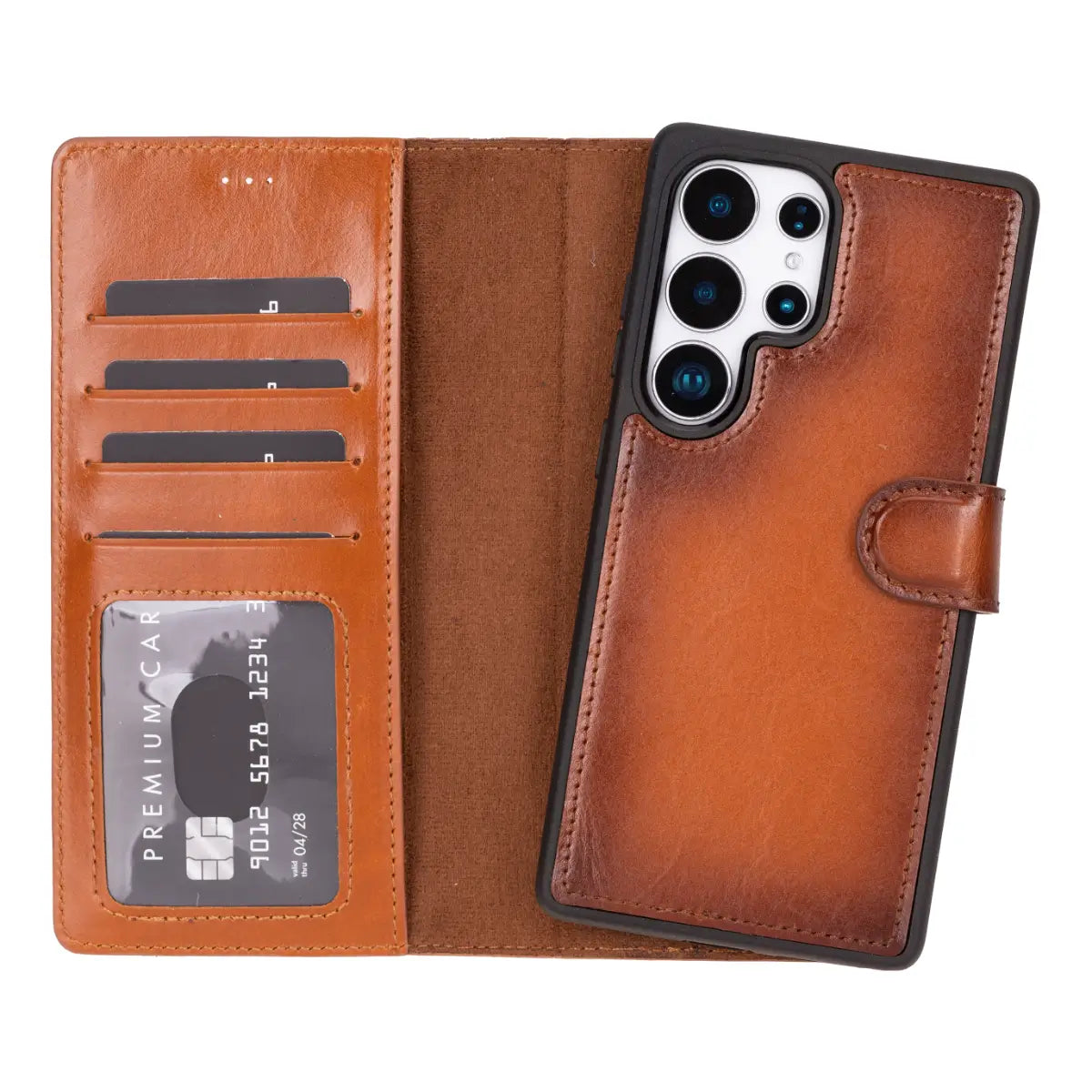 Premium Burnished Tan Magnetic Leather Wallet Case for Samsung Galaxy S25 Ultra - Slim Protective Cover with Card Slots for Everyday Use & Travel