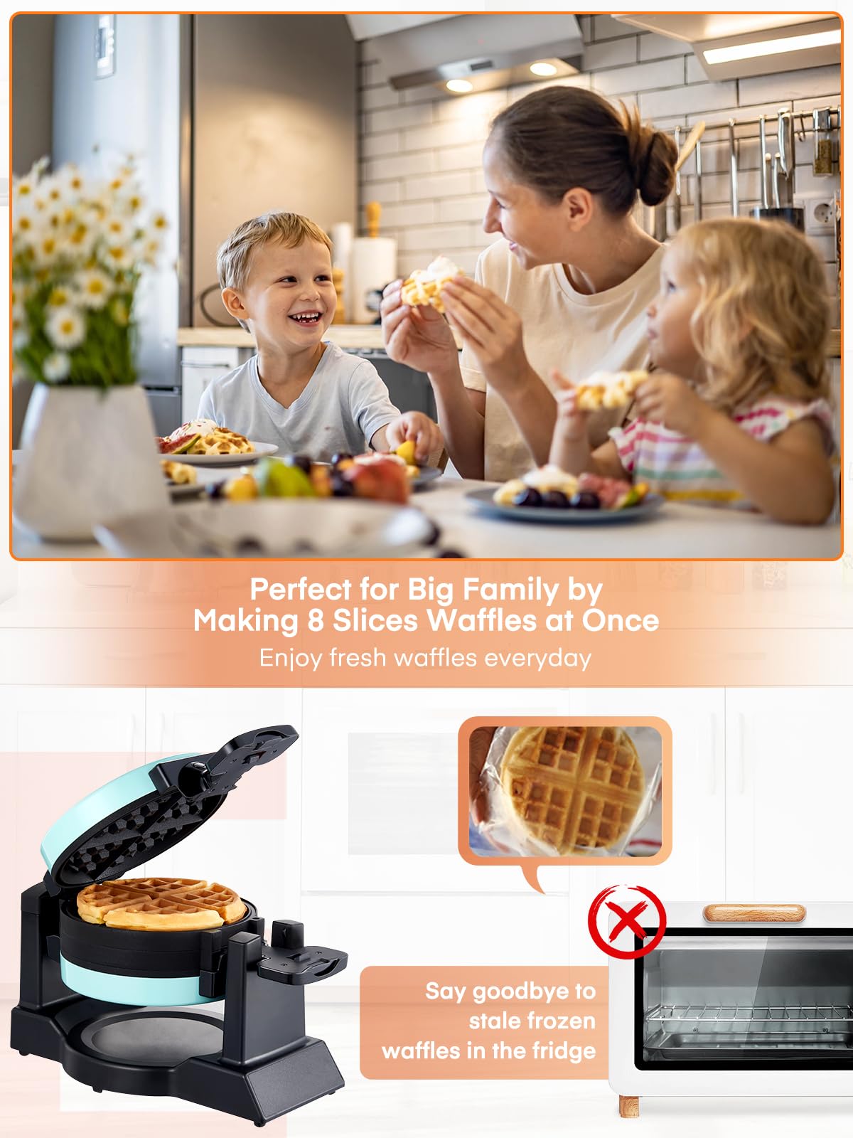**1400W Double Belgian Waffle Maker – 180° Flip, Nonstick & Rotating Plates, Makes 8 Slices in 3 Mins – Anti-Scald, Cool Touch Handle, Removable Drip Tray – Easy to Clean & Space-Saving (Mint Blue) – Perfect for Breakfast, Brunch & Family Gatherings**