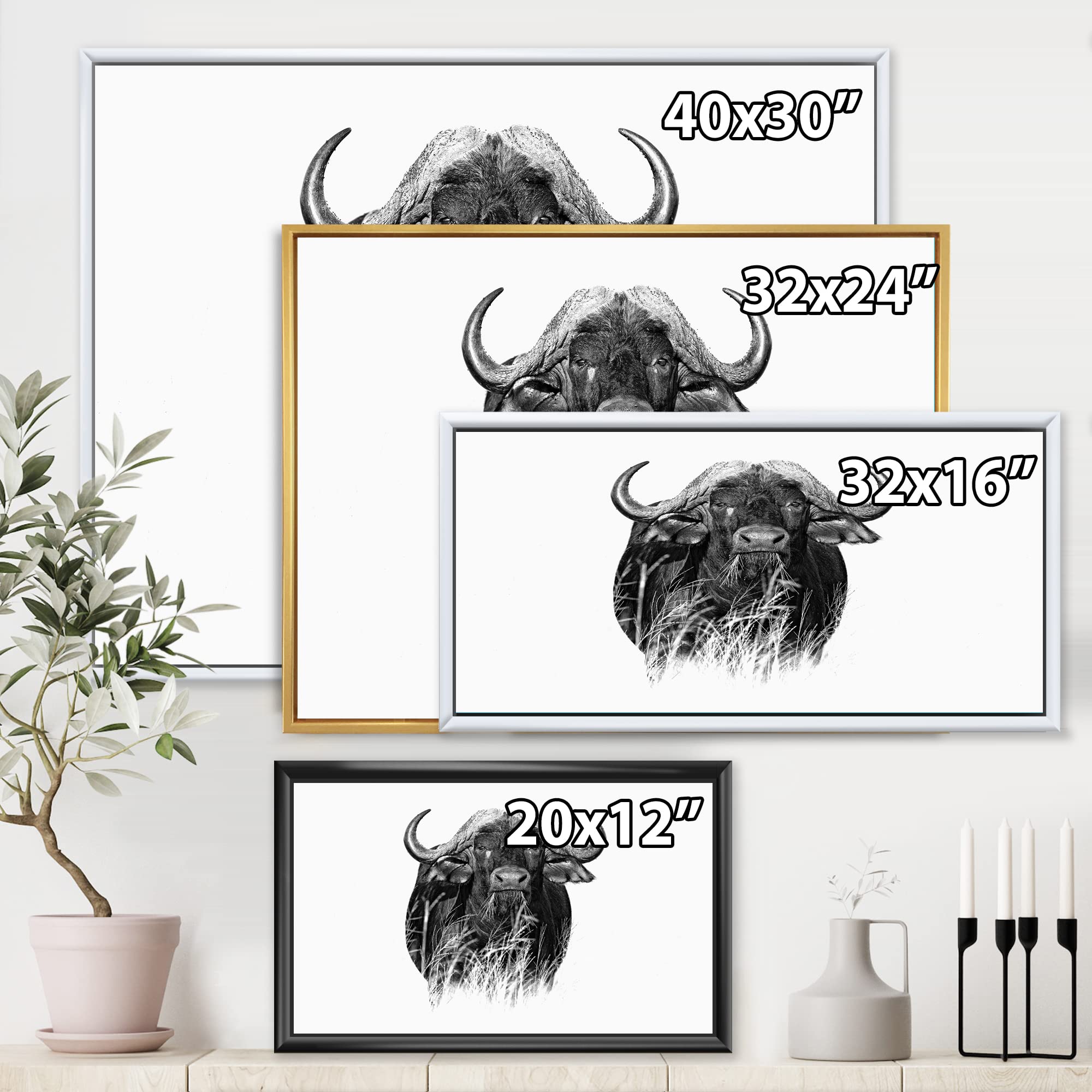 DesignQ Monochrome Buffalo Portrait IV - Farmhouse Framed Canvas Wall Art Print for Living Room, Bedroom & Office Decor