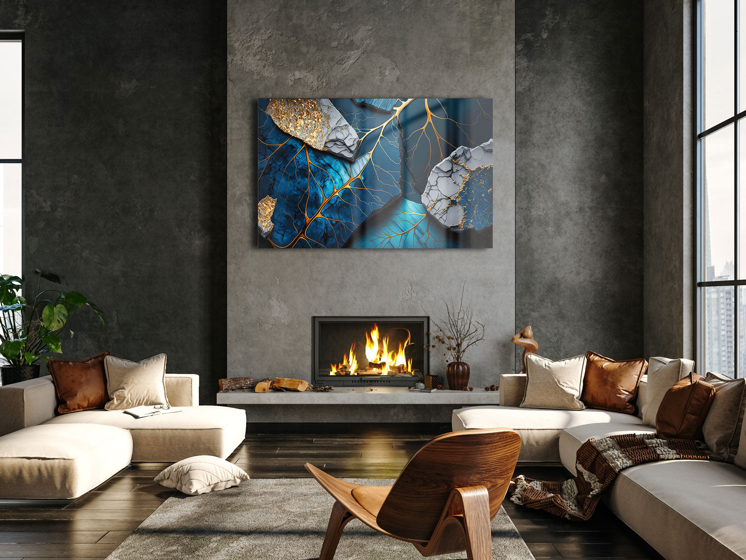 Golden Veined Blue Abstract II Wall Art - Modern Canvas Painting for Living Room, Bedroom & Office Decor