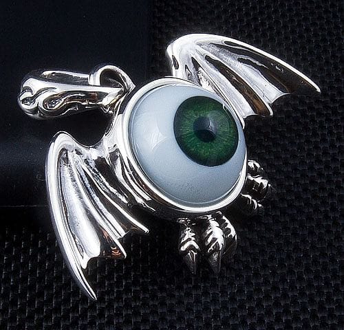 Gothic Sterling Silver Green Eyeball Wing Pendant Necklace - Perfect for Halloween, Cosplay & Alternative Fashion Accessories