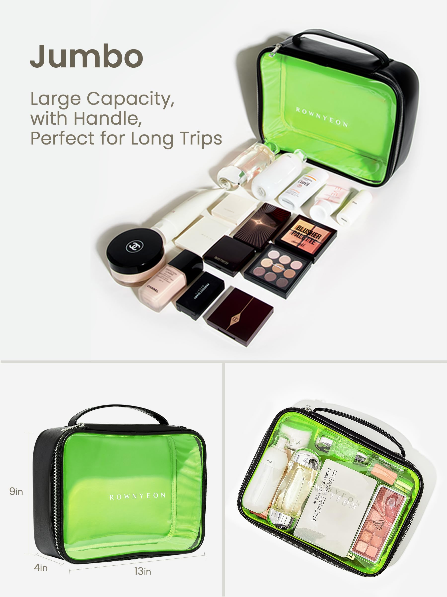 ROWNYEON 3-Piece Waterproof Clear Makeup Travel Case Set - Transparent Toiletry Bag for Women & Girls, Zippered Cosmetic Organizer with Handle (Black) - Perfect for Airplane Carry-On, Gym, Vacation & Daily Use
