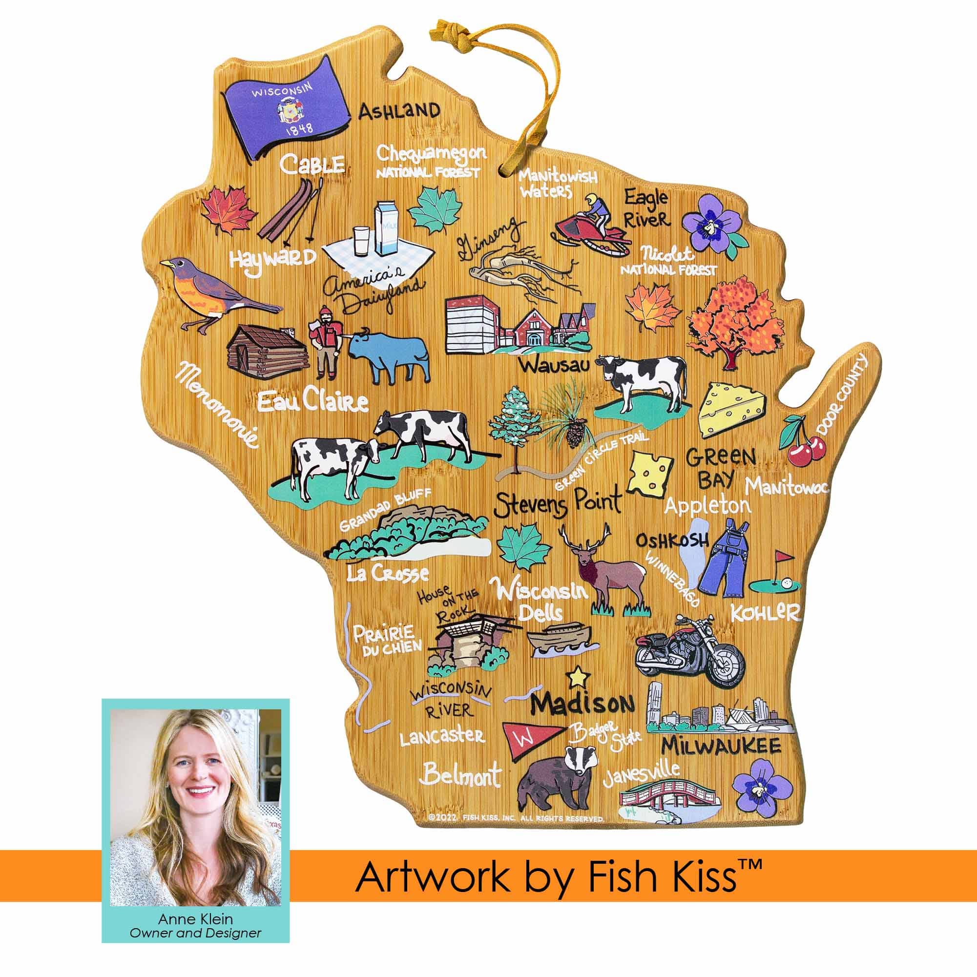 Premium Wisconsin Wood Cutting Board with Fish Kiss™ Artwork – Durable Kitchen Essential for Chopping, Serving & Decorating