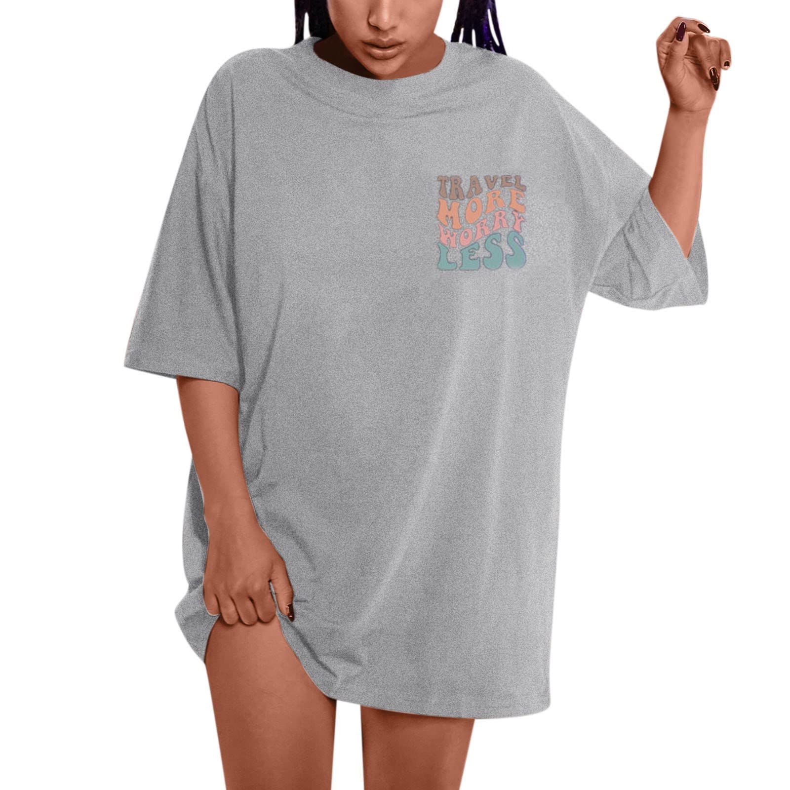 Women's Drop Shoulder Graphic Tee with Large Slogan Print & Beaded High Neck - Trendy Casual Top for Everyday Wear, Street Style & Layering