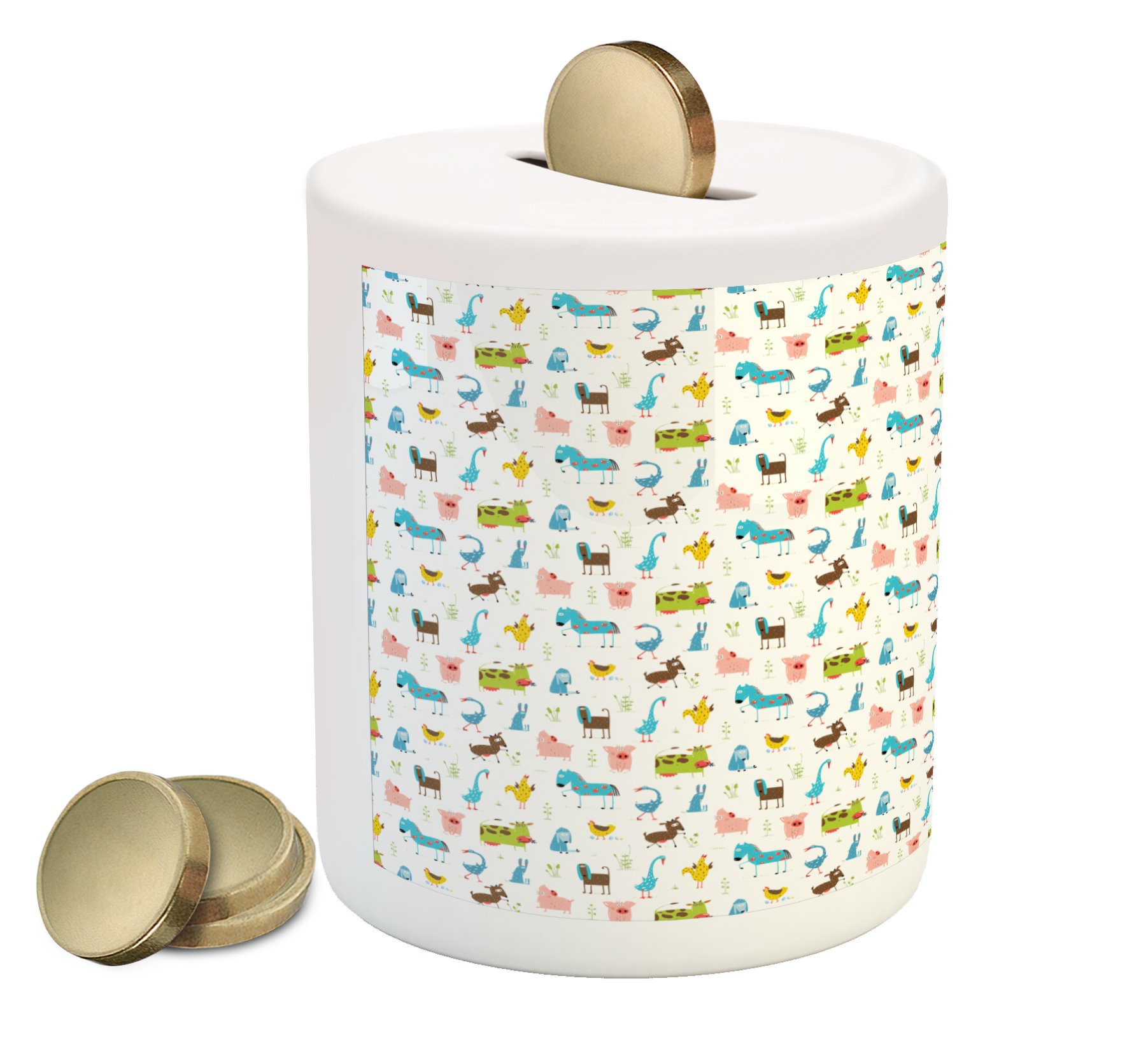 Ambesonne Ceramic Piggy Bank with Farm Animals Design - Pig, Rooster, Cow, Horse & Sheep Doodle Style - Money Saving Coin Bank for Kids & Adults | Perfect for Birthday Gifts, Home Decor & Financial Education