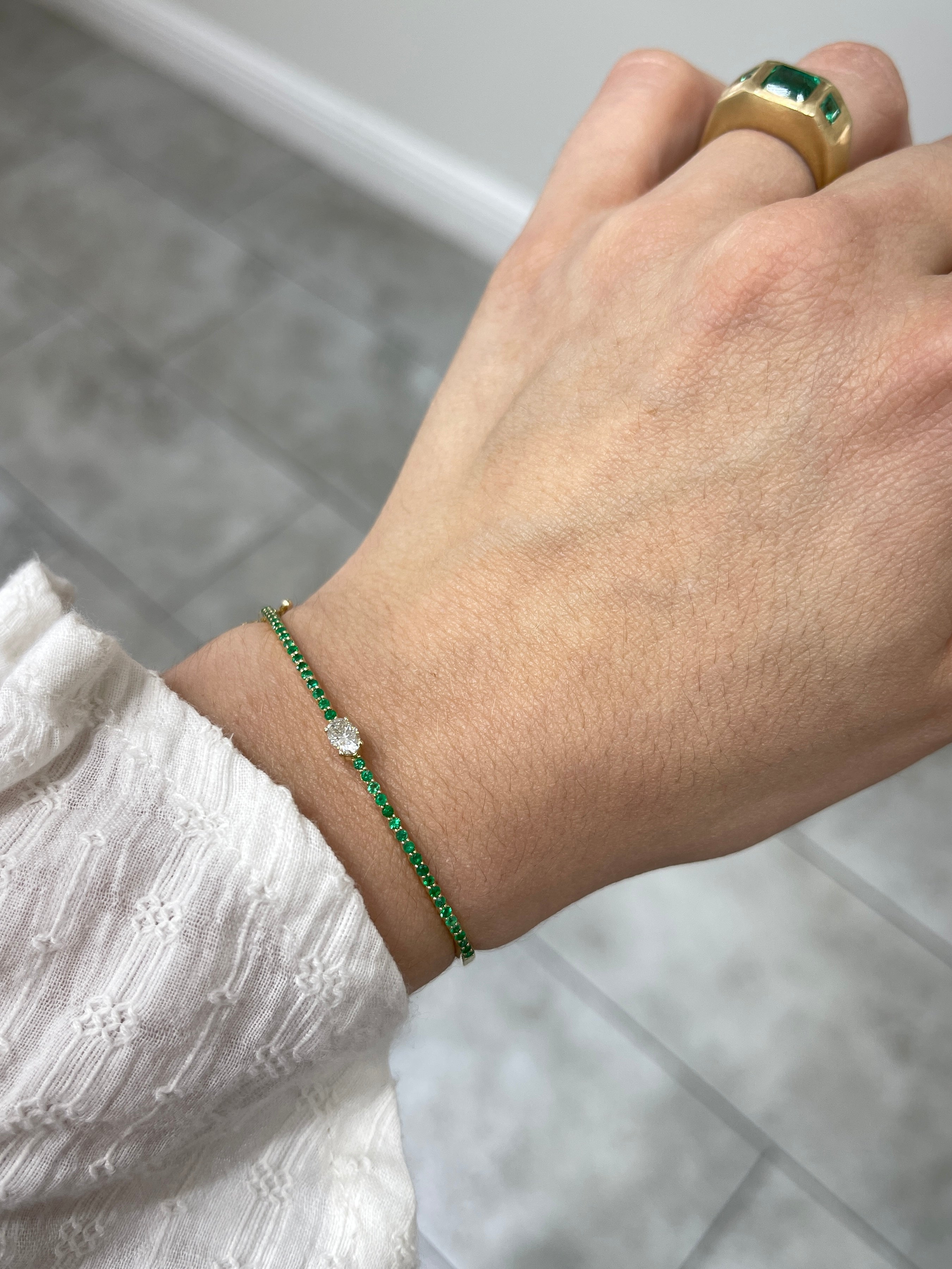 14K Yellow Gold Oval Diamond & Emerald Bangle Bracelet - 5.5 Inch Adjustable Wrist Size for Women | Perfect for Weddings, Anniversaries & Special Occasions