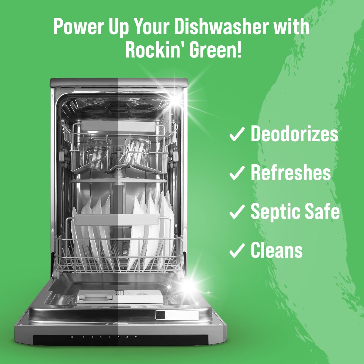 Rockin' Green Dishwasher Cleaner Tablets (8 Pack) - Septic Safe, Citric Acid Powered Dishwasher Cleaning & Deodorizing Tablets - Removes Limescale & Odor Buildup - Sweet Child O'Lime Scent - Perfect for Deep Cleaning & Maintaining Dishwashers in Homes & Restaurants