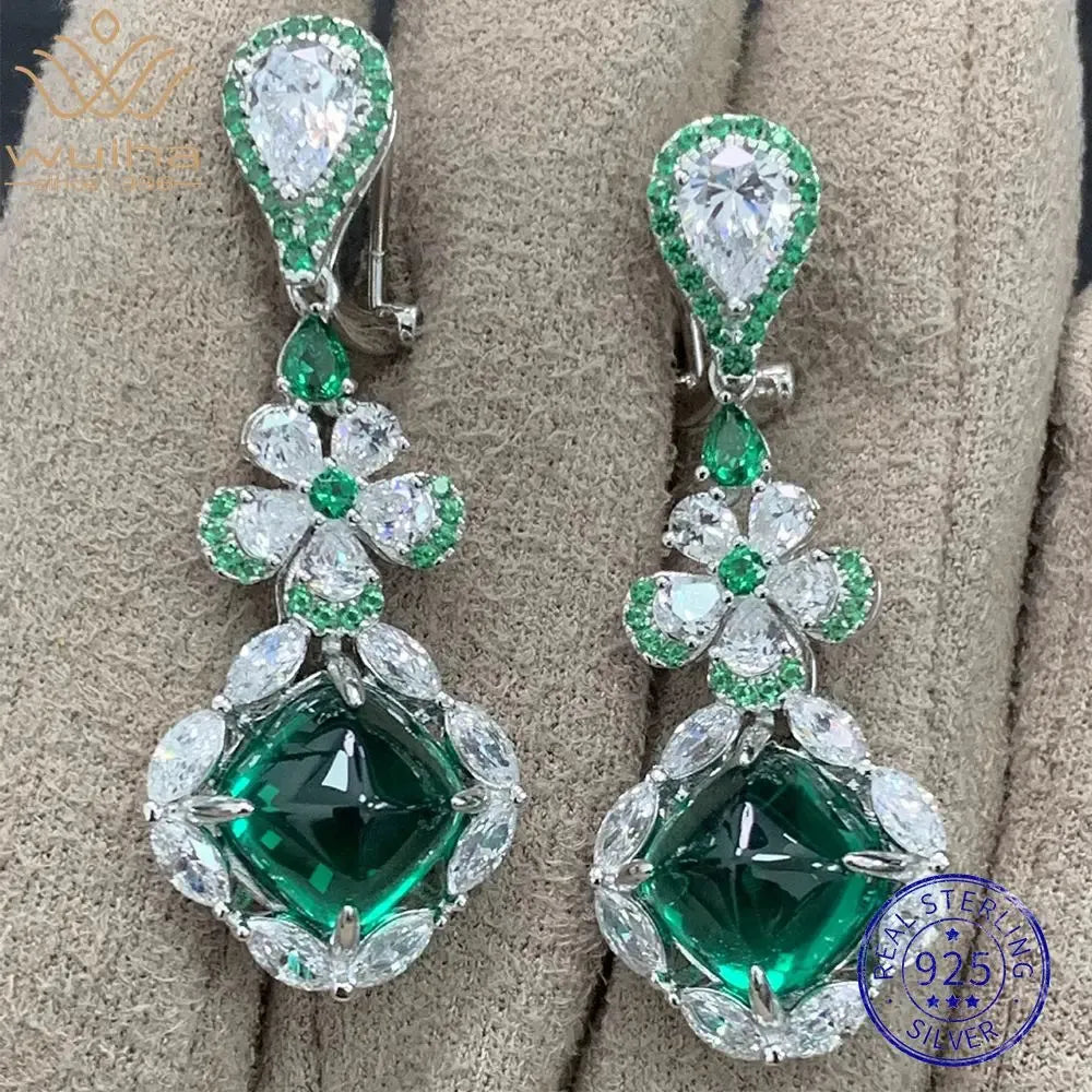 925 Sterling Silver Emerald Drop Dangle Earrings with High Carbon Diamonds - Anniversary Gift Fine Jewelry for Women - Elegant for Parties, Weddings & Special Occasions