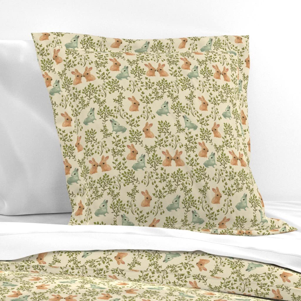 Premium Cotton Sateen Euro Sham with Flanged Edge - Vintage Rabbit Meadow Print, Easter Bunny & Floral Design for Kids Bedding | Perfect for Nursery Decor, Easter Gift & Vintage-Themed Bedrooms