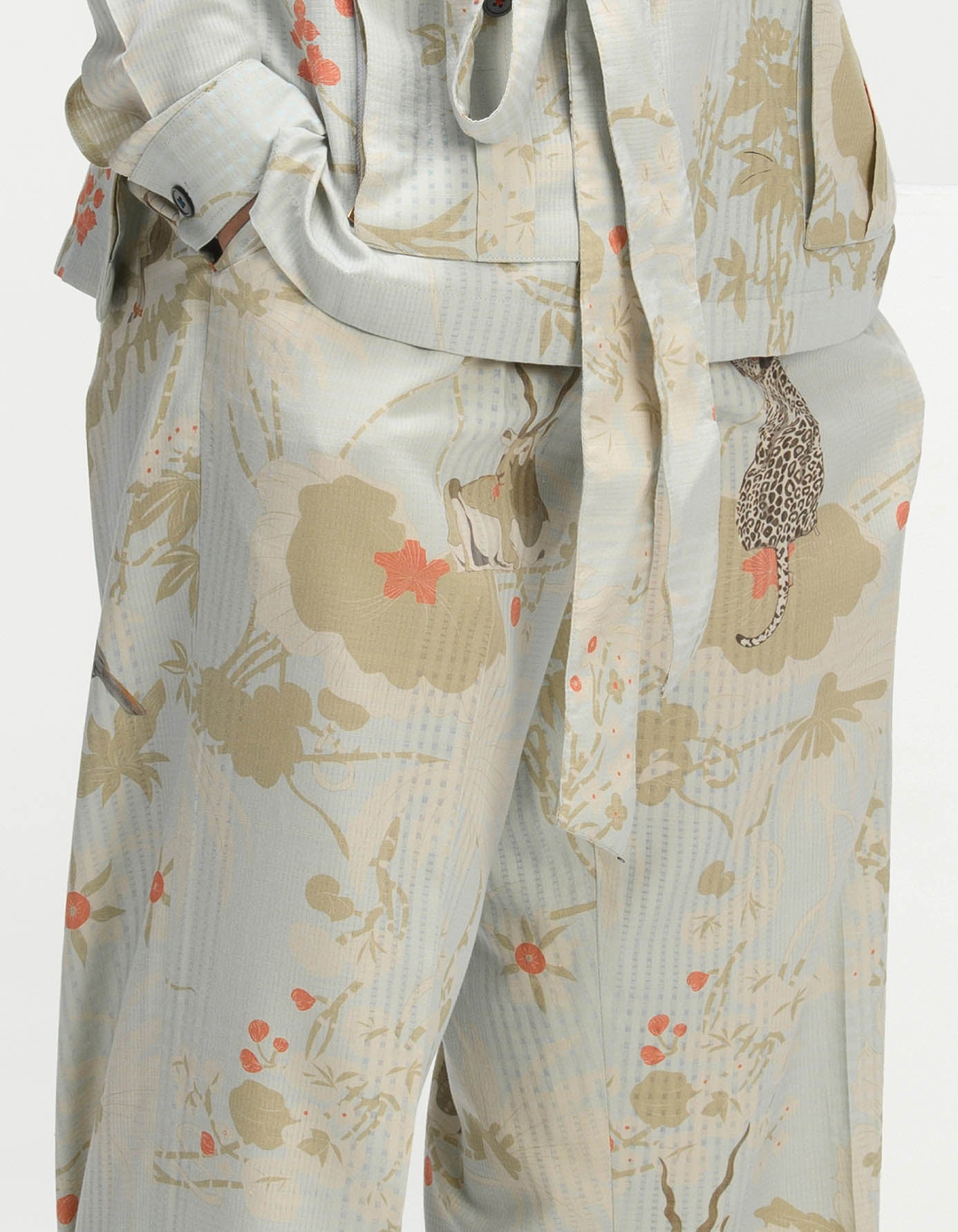 Single Pleated Trousers for Women - Cotton Silk Blend Checkered Pattern in Ice Blue | Perfect for Office Wear & Casual Outfits