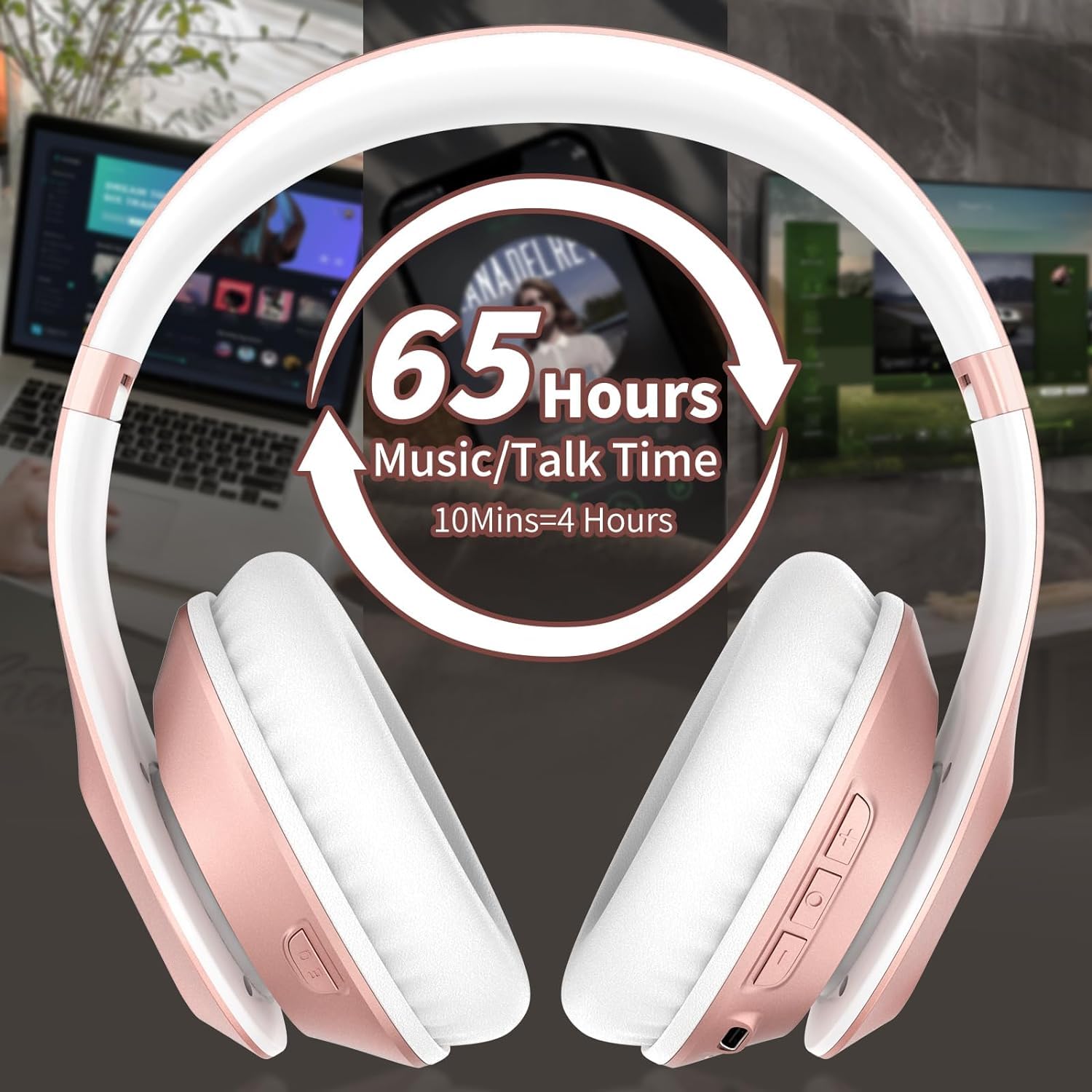 Premium Wireless Bluetooth Headphones Over-Ear with 65H Playtime, HiFi Stereo & Built-in Mic - 6 EQ Modes, Foldable Design, Bluetooth 5.3 for Travel, Work, Gaming (Rose Gold) - Perfect for Commuting, Office & Home Entertainment