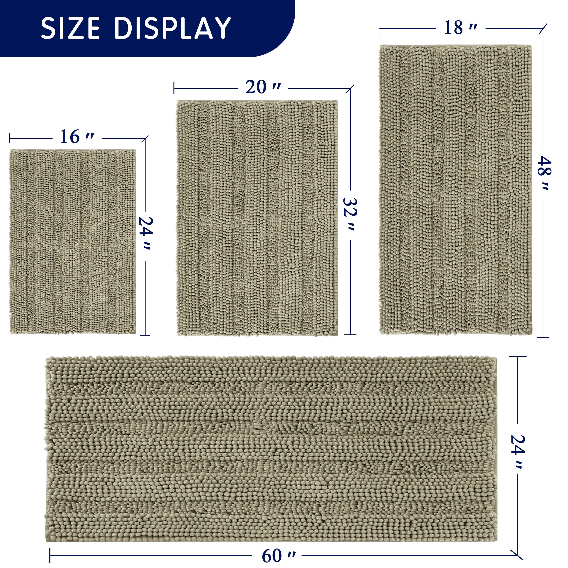 SUBRTEX Chenille Bath Rug - Soft Plush Striped Bathroom Mat, 24x60 Inches, Taupe Brown - Super Absorbent, Quick Dry, Machine Washable - Perfect for Bathroom, Shower, and Spa Areas