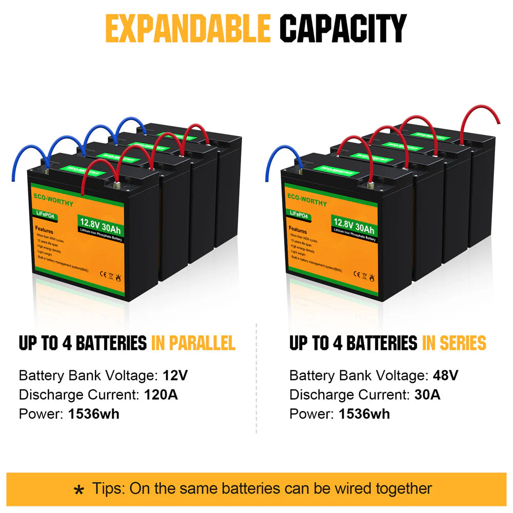 ECO WORTHY 12V 10Ah 30Ah LiFePO4 Lithium Iron Phosphate Battery - Rechargeable Deep Cycle Battery for Solar Power, RV, Marine, and Off-Grid Applications