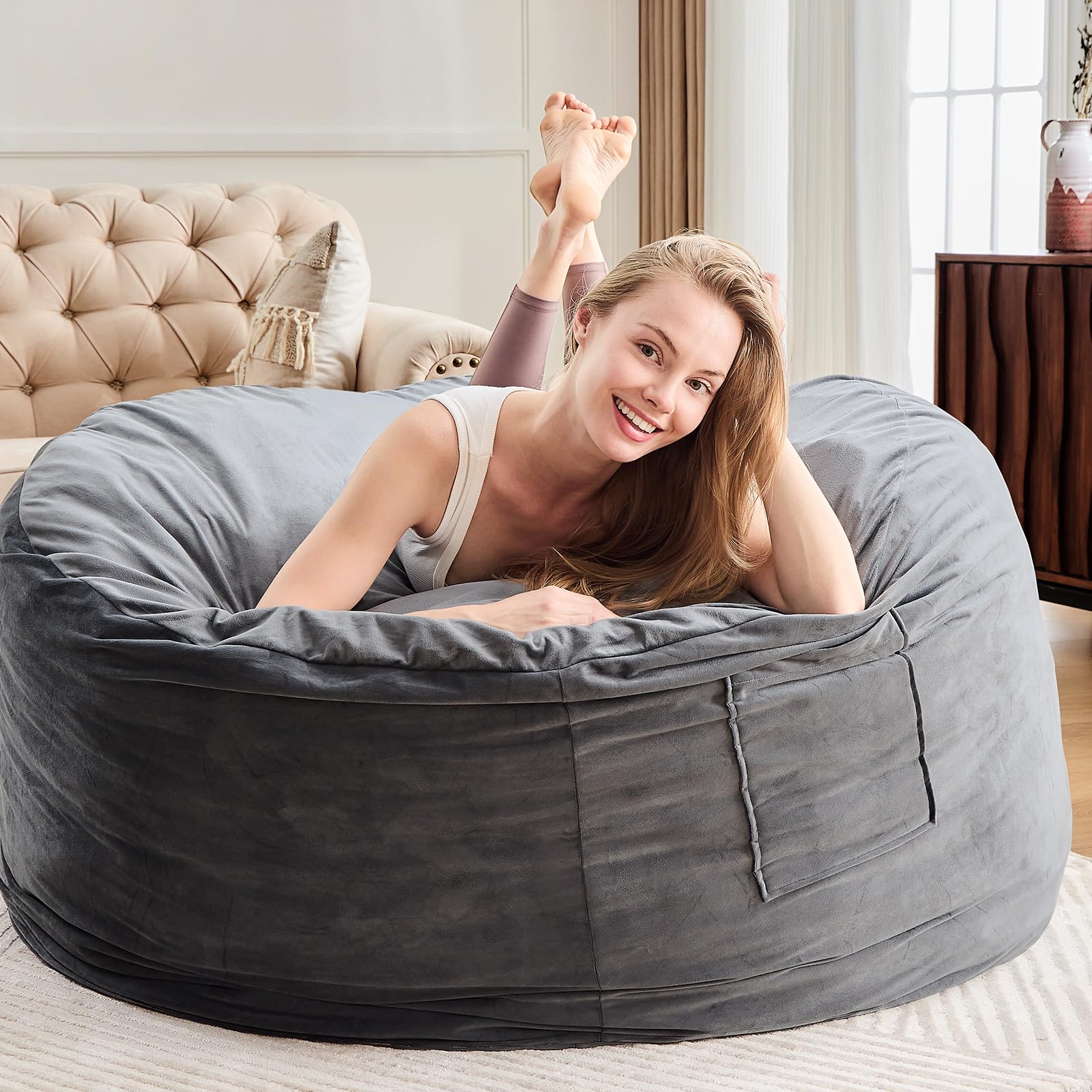 **Premium Bean Bag Chair for Adults - 4ft Round Fluffy Sofa with Soft Removable Cover - Charcoal Gray Lounge Chair for Living Room, Bedroom & Dorm - Perfect for Gaming, Reading & Relaxing | Comfortable & Stylish Home Decor**