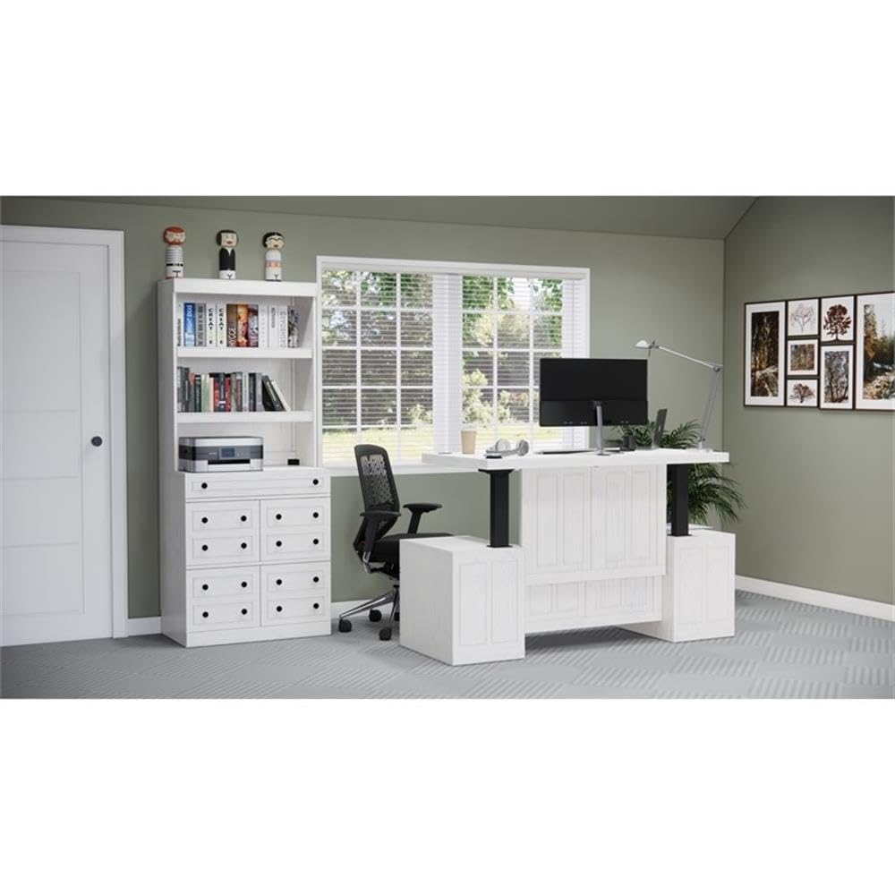 Windsor White Solid Wood Adjustable Height Sit-Stand Desk with Storage Drawers & File Cabinet - Home Office Workstation for Remote Work & Study