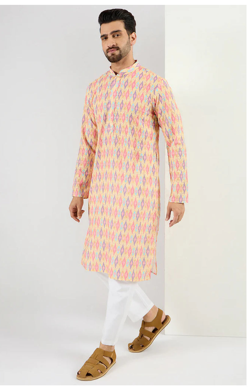 Men's Yellow Abstract Embroidered Chikankari Straight Kurta - Traditional Indian Tunic for Casual Wear & Festive Occasions