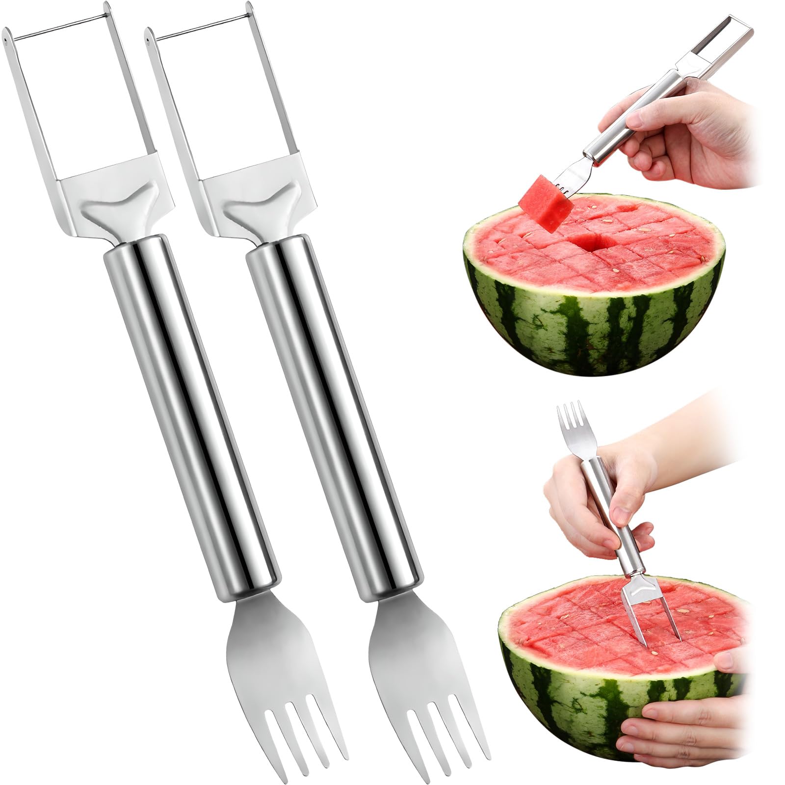 2-in-1 Stainless Steel Fruit Cutter & Watermelon Slicer - Dual Head Kitchen Tool for Easy Fruit Cutting | Perfect for Home, Picnics, BBQs & Party Food Prep (Silver)