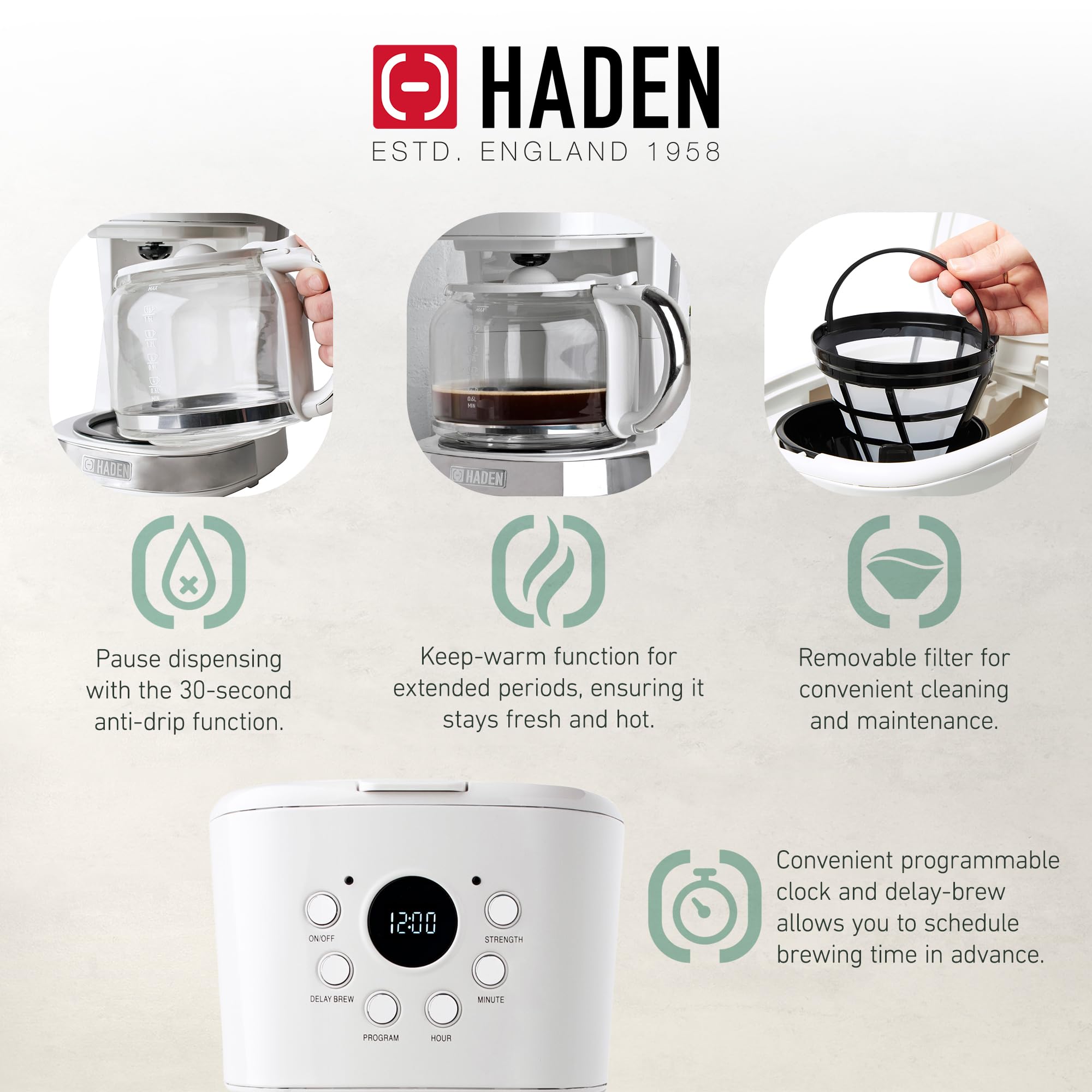 HADEN 12 Cup Drip Coffee Maker with 1.7L Stainless Steel Electric Kettle - Ivory & Chrome | Fast Brewing, Auto Shut-Off | Perfect for Home, Office & Kitchen Use