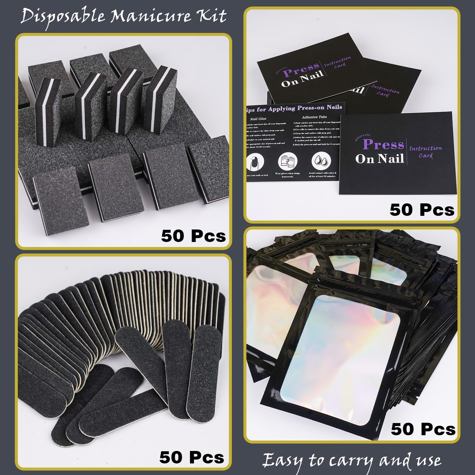 50-Piece Professional Press On Nail Kit - Disposable Manicure Supplies with Nail Files, Buffers, Adhesive Tabs, Glue, Sticks, Prep Pads & Storage Bags - Perfect for Nail Salons, DIY Home Manicures & Nail Art Businesses (Black)