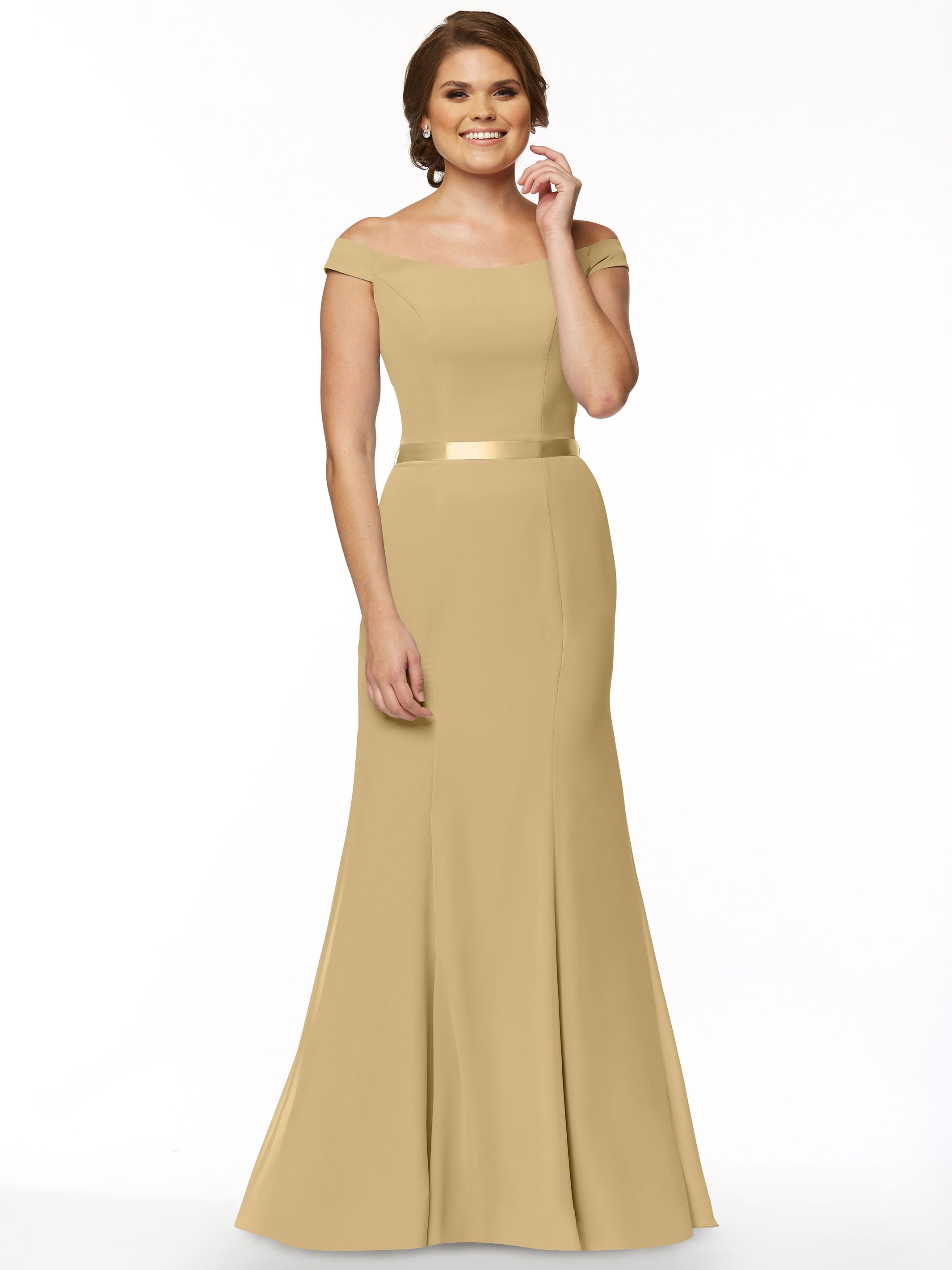 Elegant Off-The-Shoulder Chiffon Bridesmaid Dress with Ribbon Belt - A-Line Fit & Flare Design for Weddings, Parties & Special Occasions