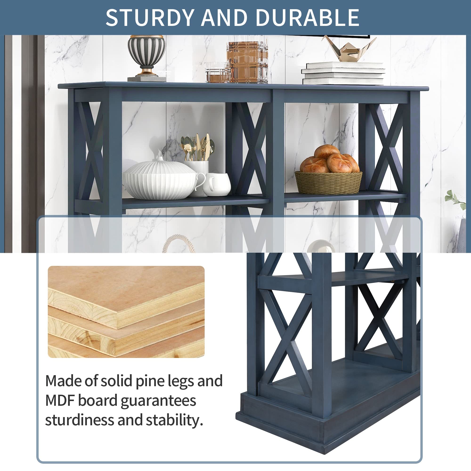 TREXM Modern Narrow Console Table with 3-Tier Open Storage & X-Shaped Legs - Sofa Table for Living Room, Entryway, Hallway - Space Saving Design for Small Apartments (Navy Blue)