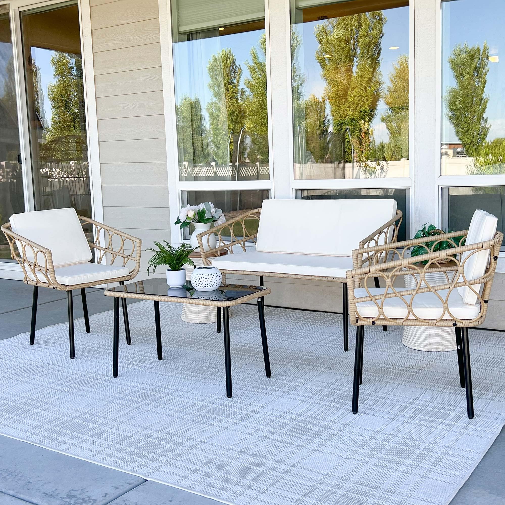 YITAHOME 4-Piece All-Weather Wicker Patio Furniture Set - Outdoor Bistro Conversation Set with Loveseat, Chairs, Table & Cushions for Backyard, Pool, Deck, Garden - Beige | Perfect for Outdoor Dining, Relaxing & Entertaining Guests