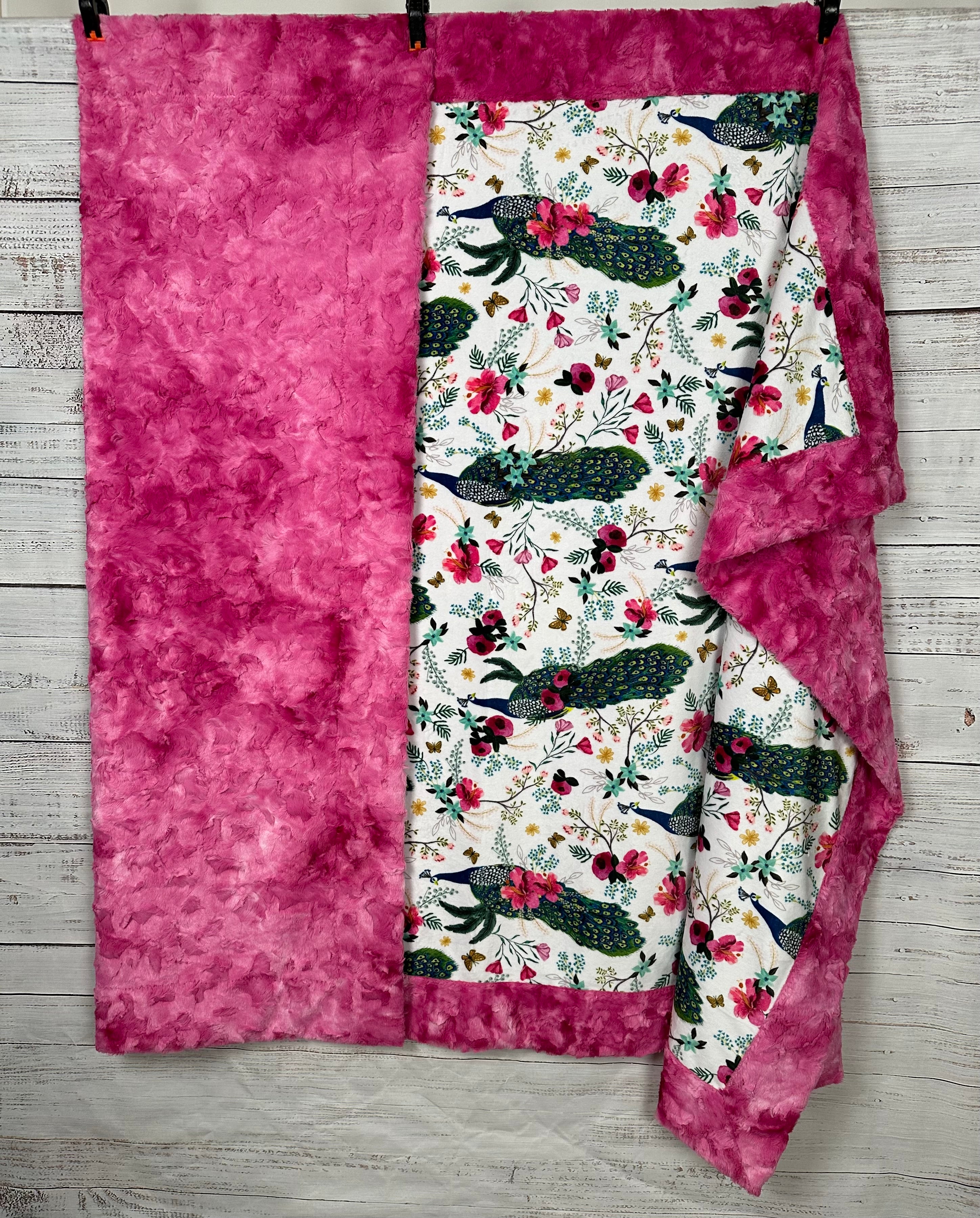 Plush Peacock Floral Fuchsia Marble Print Minky Blanket for Adults - 55x79 Inches - Soft Cozy Throw for Bed, Sofa & Home Decor