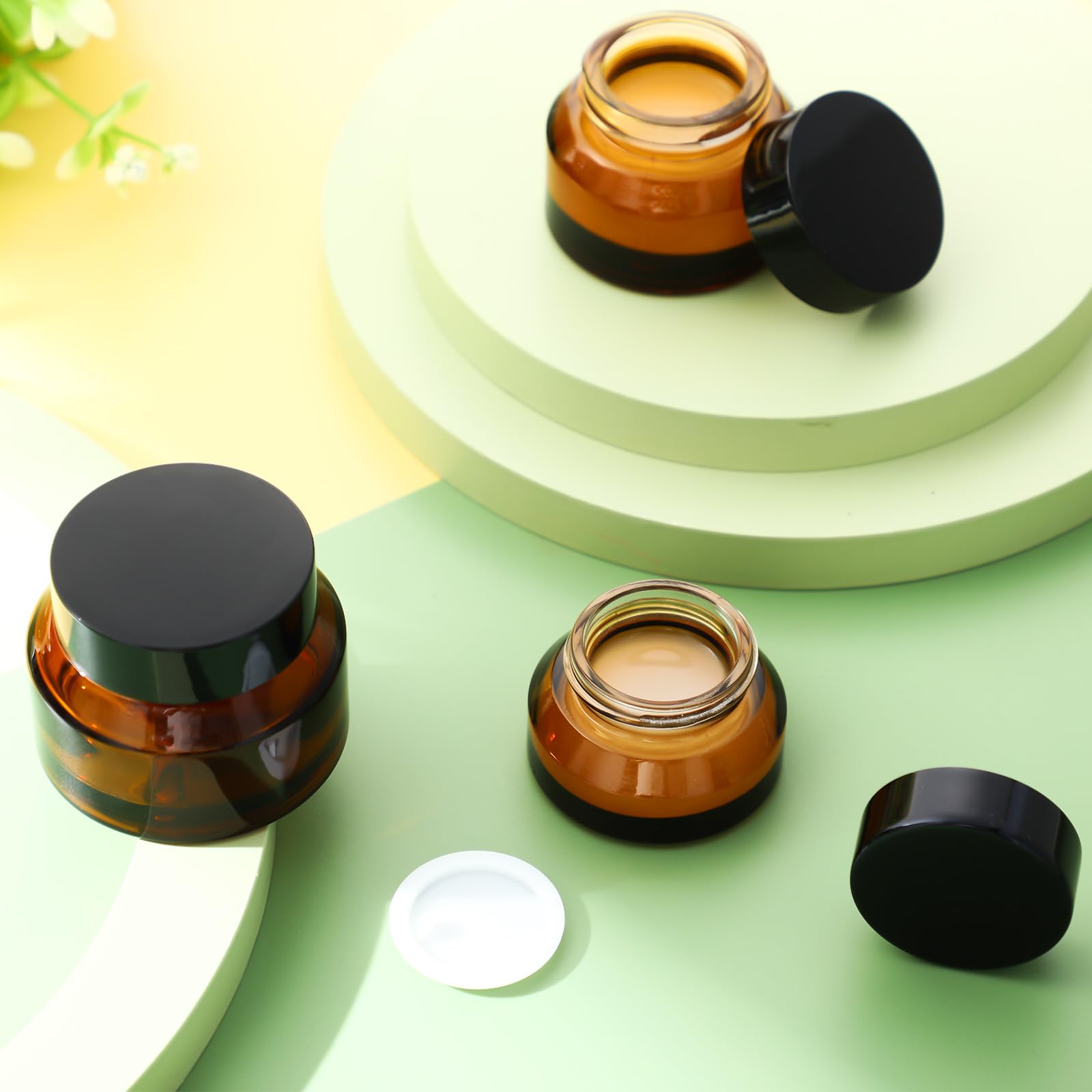 6-Piece Small Glass Jars with Airtight Lids - 0.5/1/2 oz Travel-Sized Cosmetic Containers with Inner Liners - Perfect for Toiletries, Body Cream Samples & Skincare Products (Amber & Green) - Ideal for Travel, DIY Beauty, Gift Packaging & Home Organization