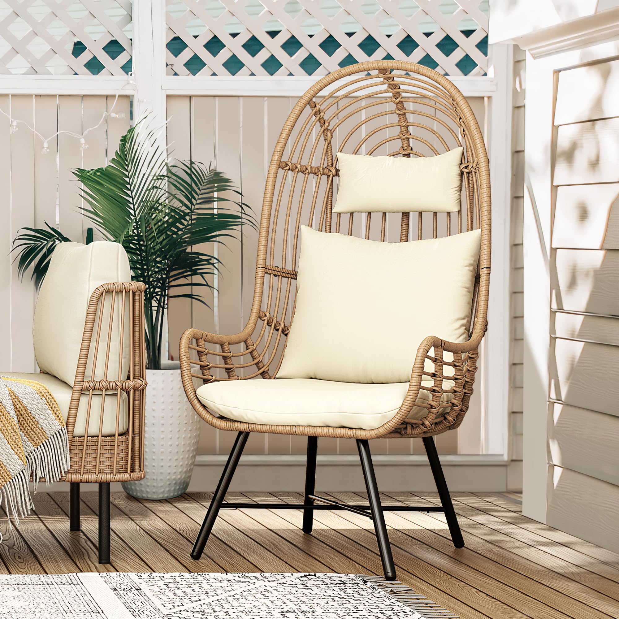 YITAHOME Outdoor Narrow Egg Chair - Patio Wicker Hanging Basket Chair with 370lbs Capacity, Indoor Egg Chair with Stand & Cushion - Cocoon Chair for Bedroom, Garden, Balcony - Perfect for Relaxing, Reading & Sunbathing (Beige)