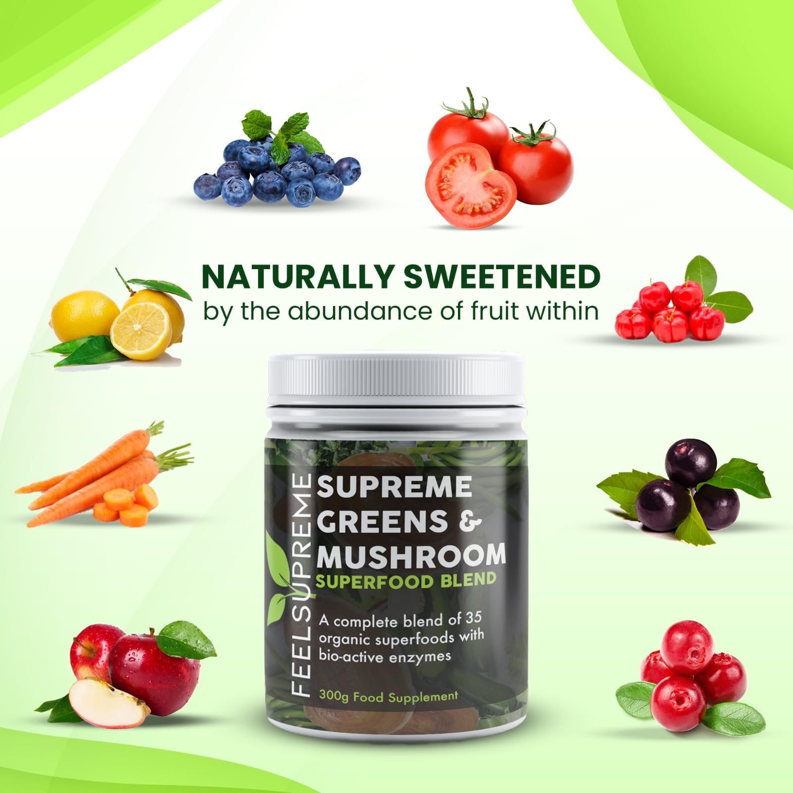 Feel Supreme - Organic Super Greens & Mushroom Powder with 35 Superfoods - High in Fiber, Protein, Vitamin C & Spirulina - No Added Sugar - 300g Greens Supplement for Energy, Detox & Immune Support - Perfect for Smoothies, Juices & Wellness Routines