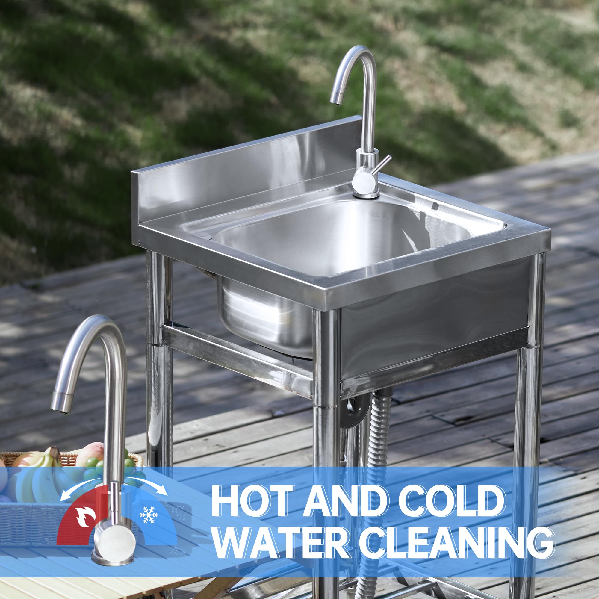 Premium Stainless Steel Kitchen Sink with Hot & Cold Water Pipes - Freestanding Single Bowl Sink with Storage Shelves (21.7 Inch) - Ideal for Home Kitchens, RV Camping & Outdoor Cooking - Perfect for Small Spaces, Tiny Homes, and Backyard BBQ Areas
