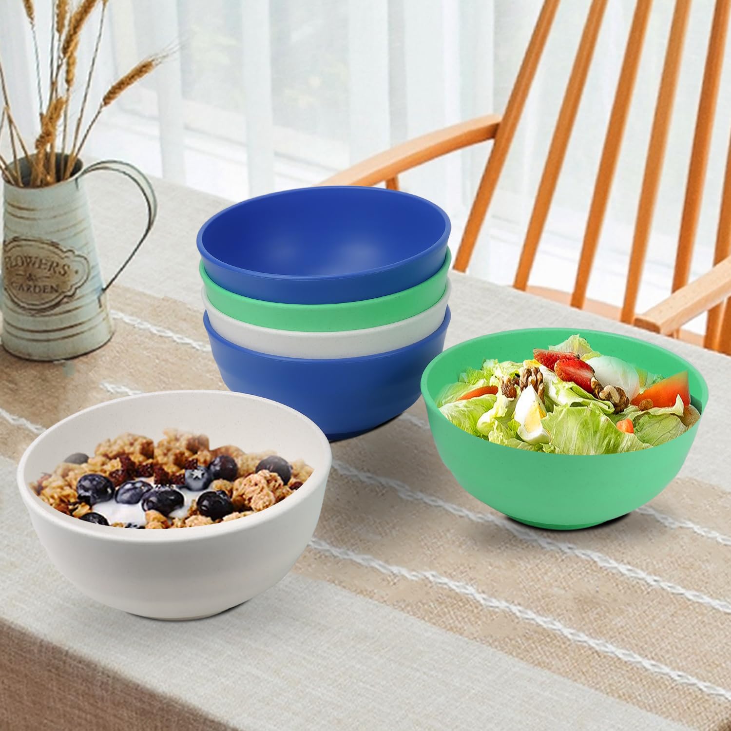 55 oz Large Wheat Straw Salad Bowls Set of 6 - Microwave & Dishwasher Safe - Big Cereal, Soup, Oatmeal & Fruit Serving Bowls - Durable & Eco-Friendly for Kitchen, Dining & Outdoor Picnics - Indigo Series