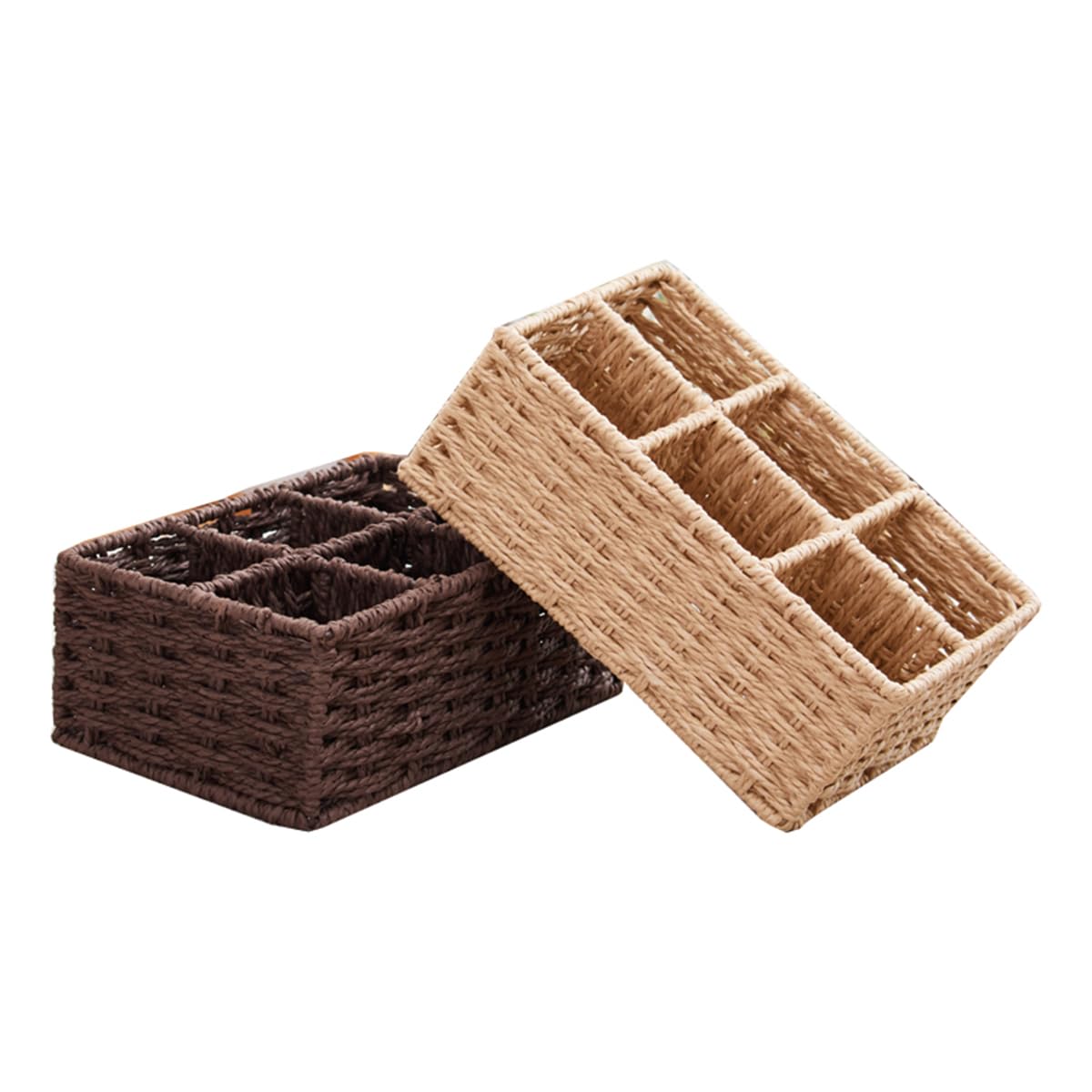 6-Grid Rattan Storage Box for Desk - Phone & Remote Holder - Office & Home Use (Khaki)