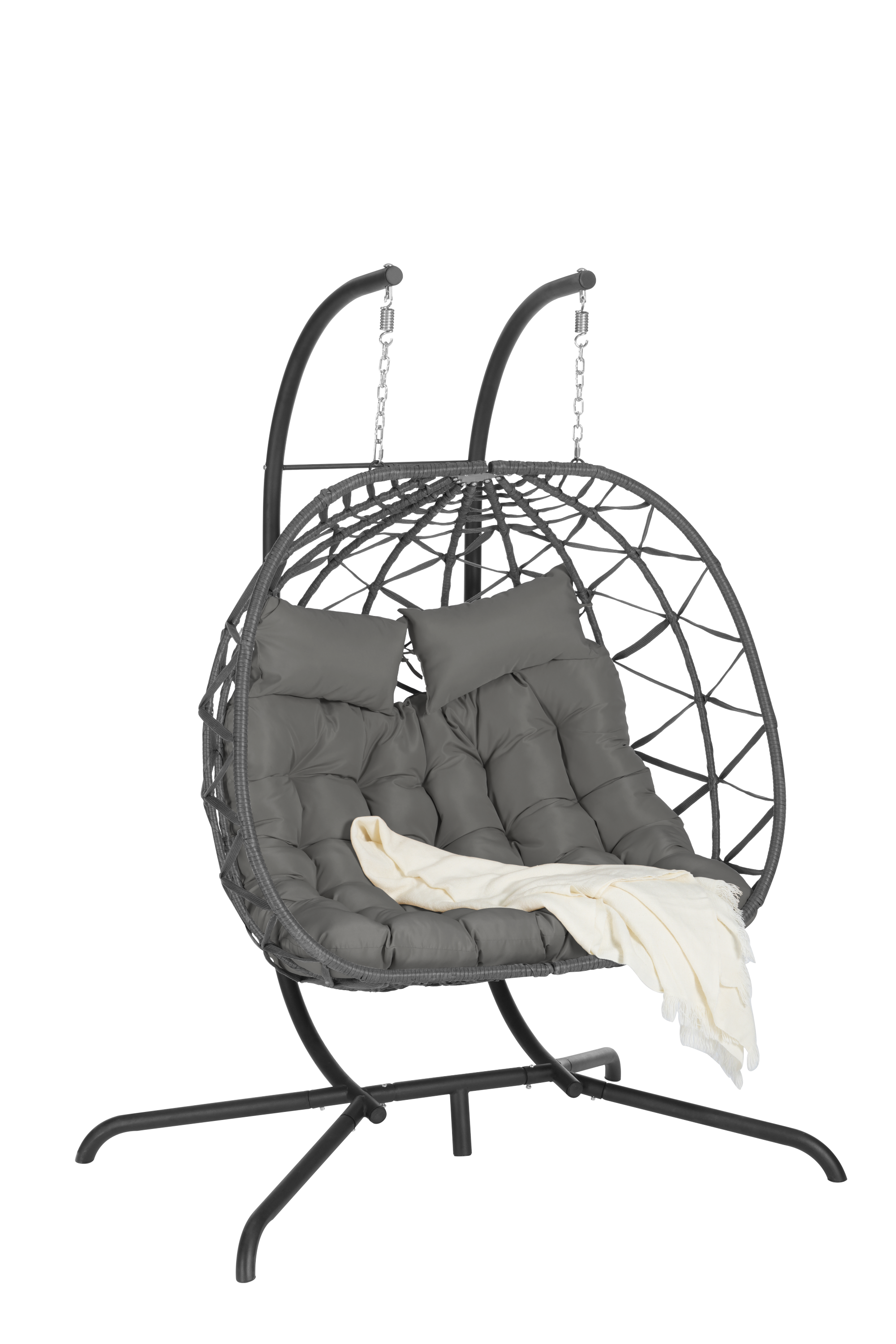 Double Egg Chair with Stand - Hanging Indoor/Outdoor Wicker Rattan Swing Chair with UV-Resistant Cushions (600 lbs Capacity) - Perfect for Bedroom, Balcony, Patio & Garden Relaxation