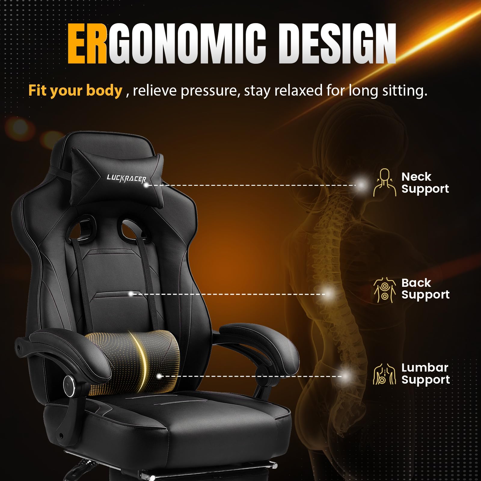 Ergonomic Gaming Chair with Footrest - 350Lb Heavy Duty Computer Chair, High Back Office Chair with Lumbar Support & Swivel Recliner for Adults (Black) - Perfect for PC Gaming, Streaming & Home Office Setup