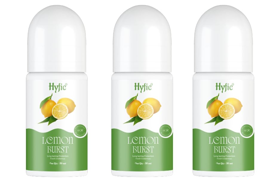HYFIC Lemon Burst Roll On Perfume for Men & Women - 50ml Alcohol-Free, Aluminum-Free, Silicone-Free Deodorant with 5% AHA, Licorice Extract & Menthol Cool - Pack of 3 | Fresh, Smooth Underarm Care for Daily Use, Gym & Outdoor Activities