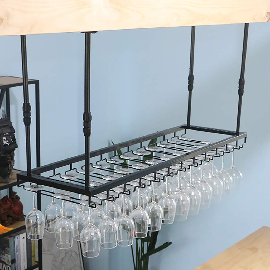 Industrial Ceiling Mounted Wine Glass Holder - Adjustable Height Hanging Rack for Stemware (Black, 90×35cm) - Perfect for Home Bars, Restaurants & Kitchen Storage
