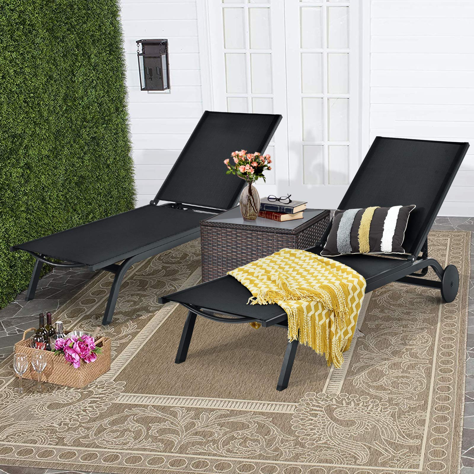 **Giantex Adjustable Aluminum Patio Lounge Chair with 6-Position Recliner & Wheels - Outdoor Chaise Lounge for Poolside, Beach, Garden, and Backyard Sunbathing (2-Pack, Black)**