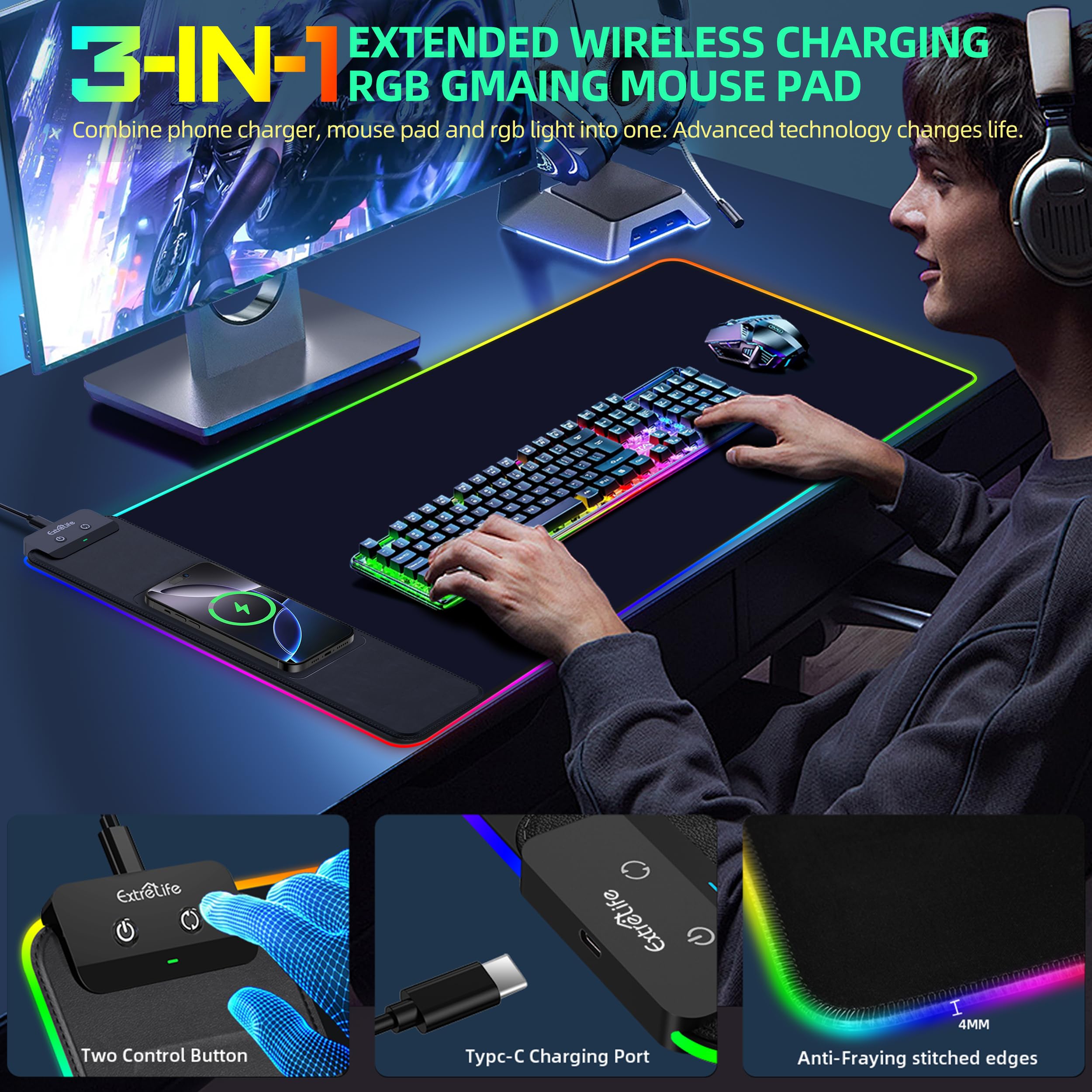 Wireless Charging RGB Gaming Mouse Pad - Large 800x400x4mm Ultra-Smooth Non-Slip Desk Mat with Waterproof Surface for PC, Office & Gaming Setup - Perfect for Esports, Work & Home Computer Use