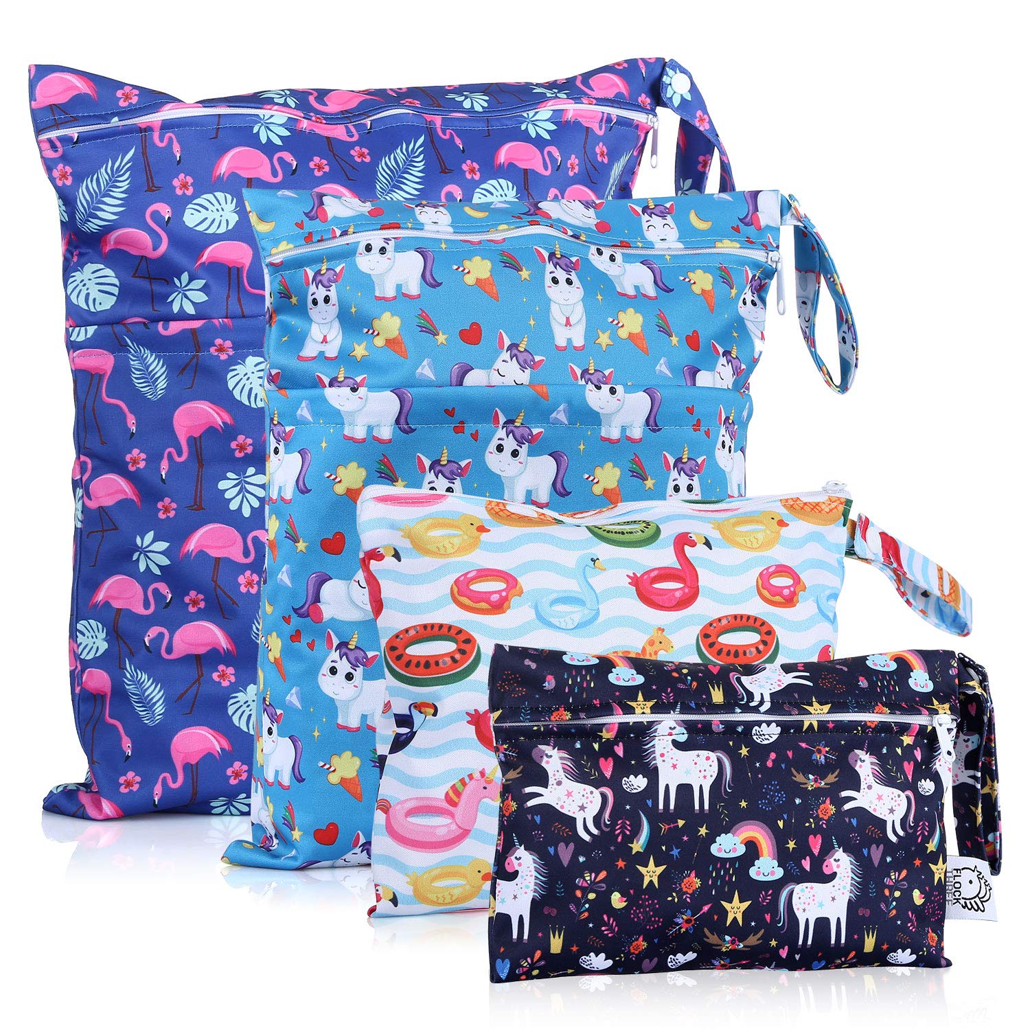 Waterproof Reusable Wet Bag for Diapers, Swimsuits & Toiletries - Washable Travel Gym Yoga Storage Pouch (4 Pack, Flamingo Print, S/M/L) - Perfect for Baby Care, Pool Trips & Sports Activities