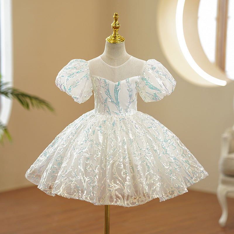 Elegant Mint Green Sequined A-Line Flower Girl Dress with Puff Sleeves - Perfect for Weddings, Pageants & Special Occasions
